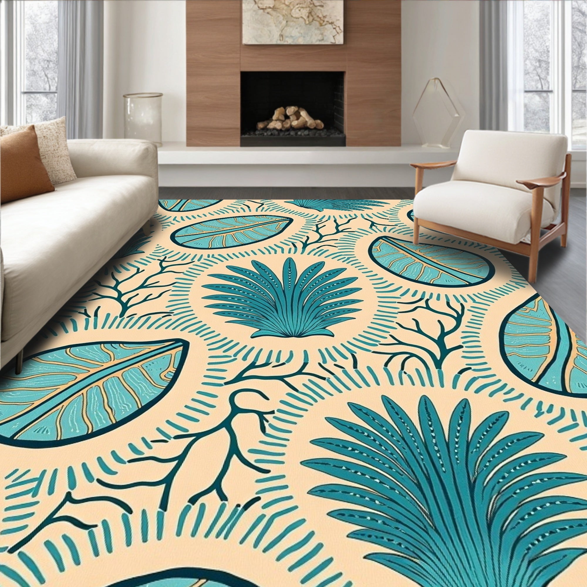Teal Tropical Leaf Branch Medallion Rug