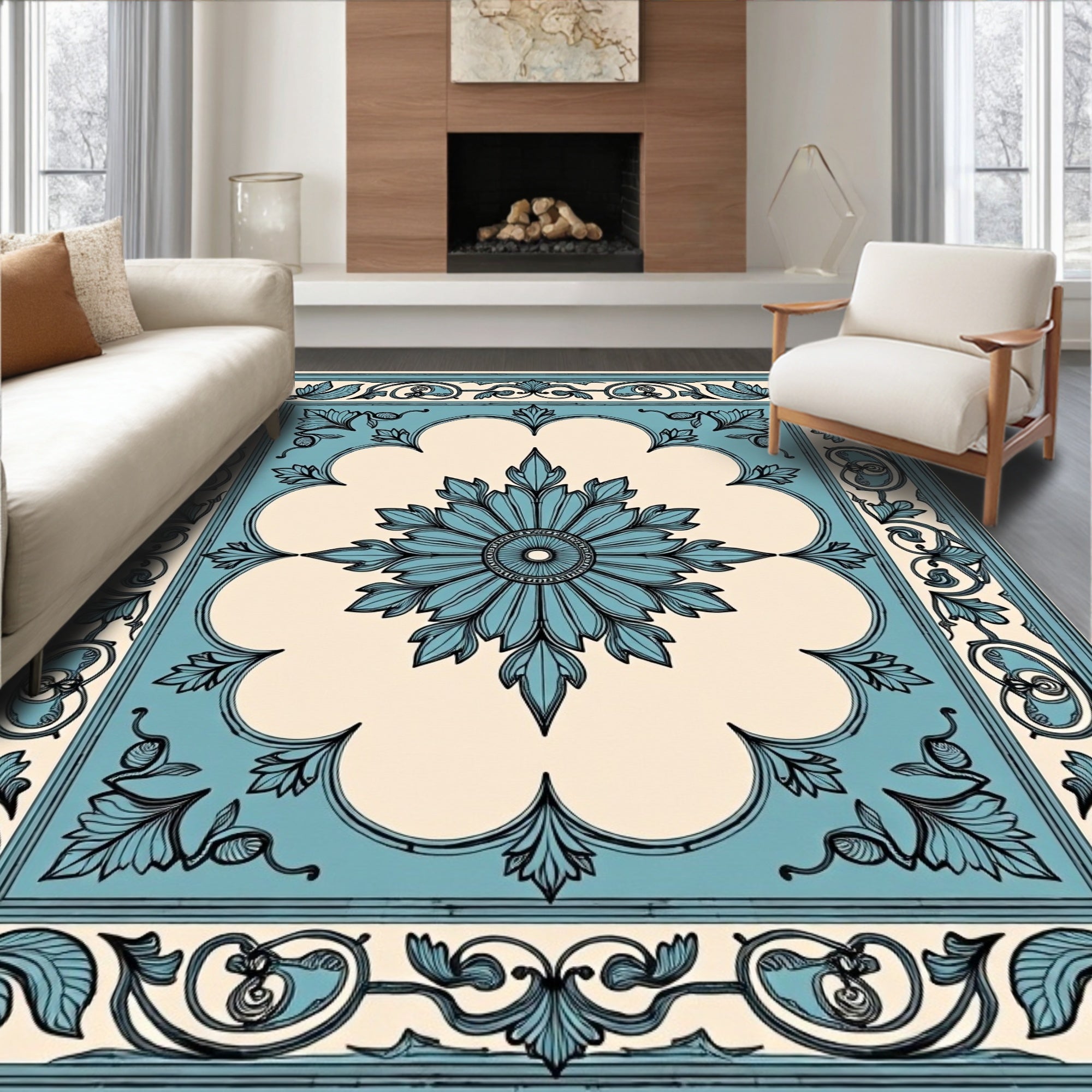 Ornate Teal Floral Arabesque Rug