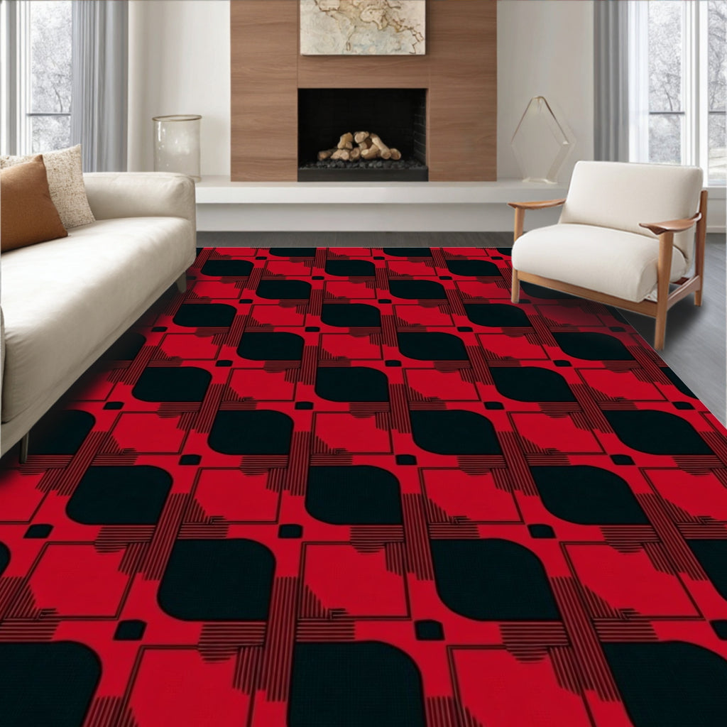 Bold Red Black Geometric Layered Rug