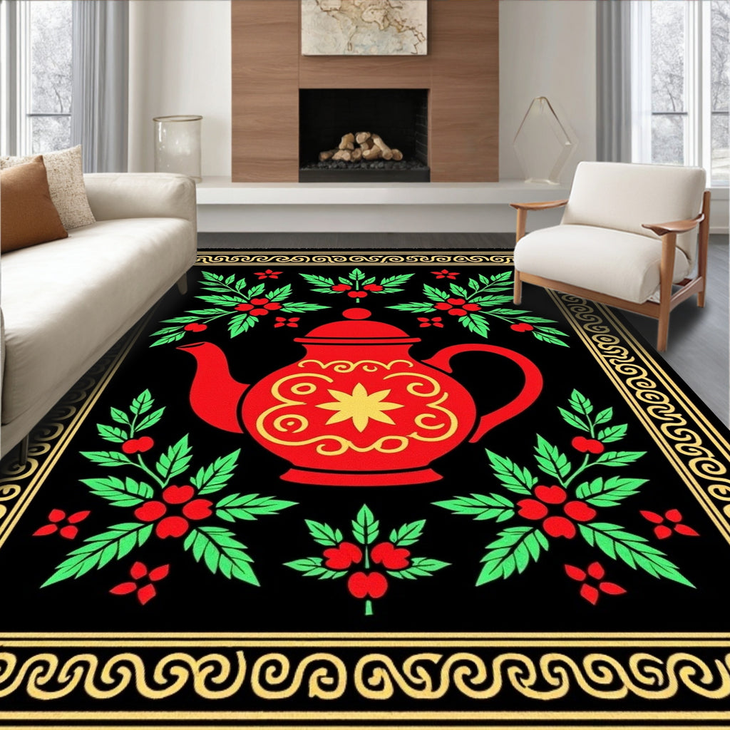 Red Teapot Folk Art Floral Arrangement Rug