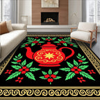 Red Teapot Folk Art Floral Arrangement Rug