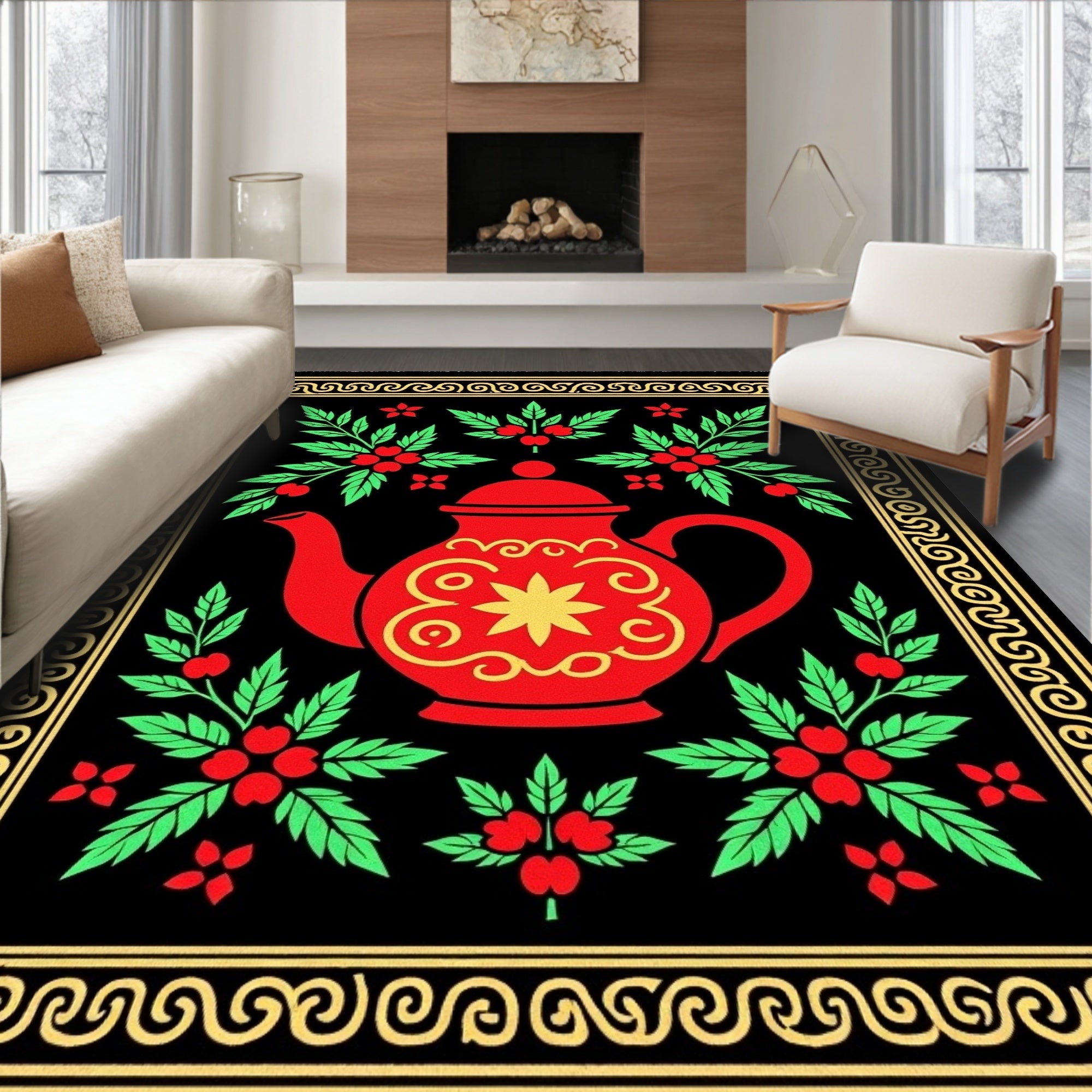Red Teapot Folk Art Floral Arrangement Rug