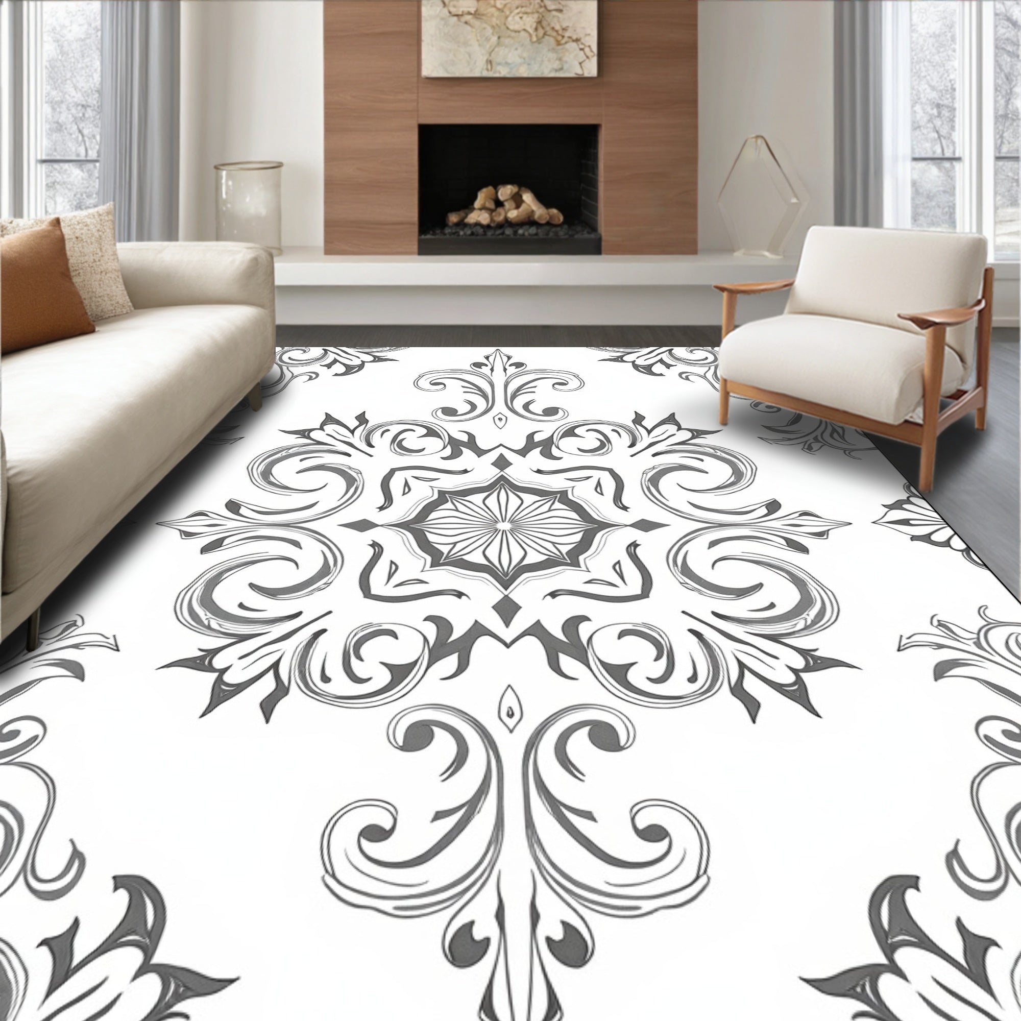Ornate Gray Floral Scroll Medallion Rug