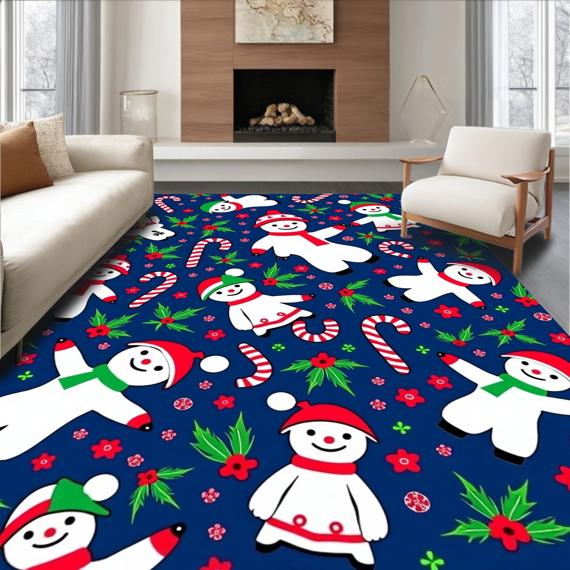 Festive Snowman Candy Cane Holly Rug