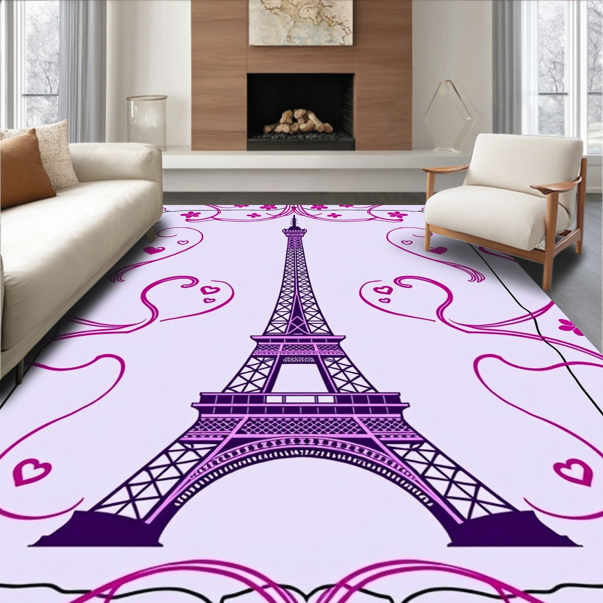 Purple Eiffel Tower Floral Swirl Rug