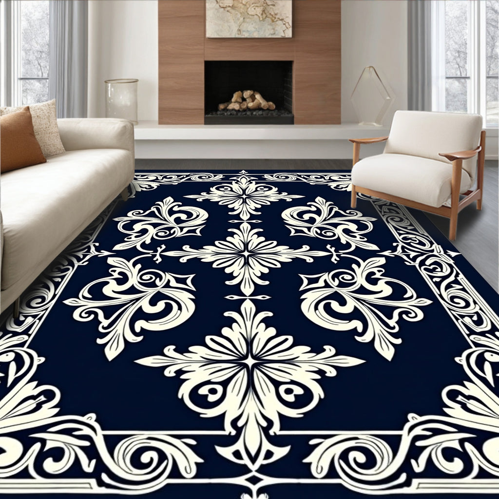 Classic Cream Floral Border Navy Rug