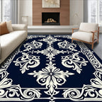 Classic Cream Floral Border Navy Rug