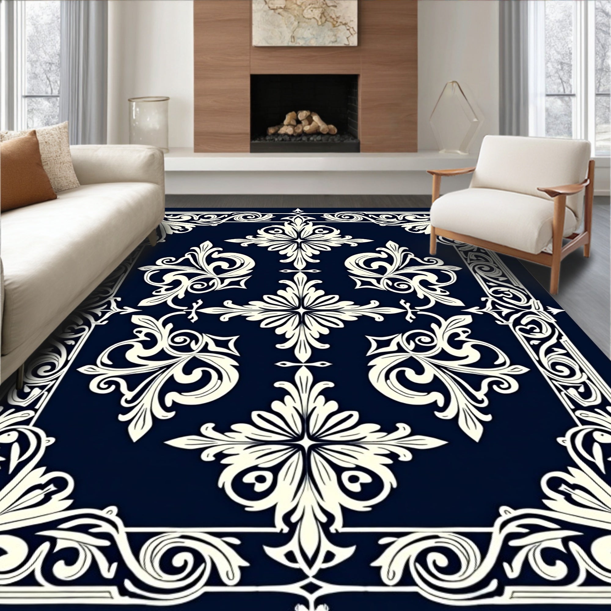 Classic Cream Floral Border Navy Rug