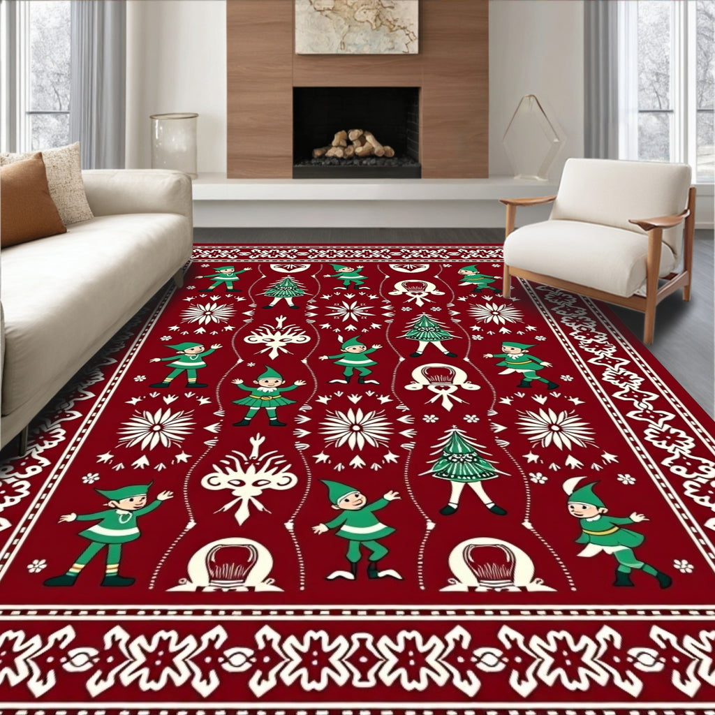 Crimson Elf Tree Holiday Celebration Rug