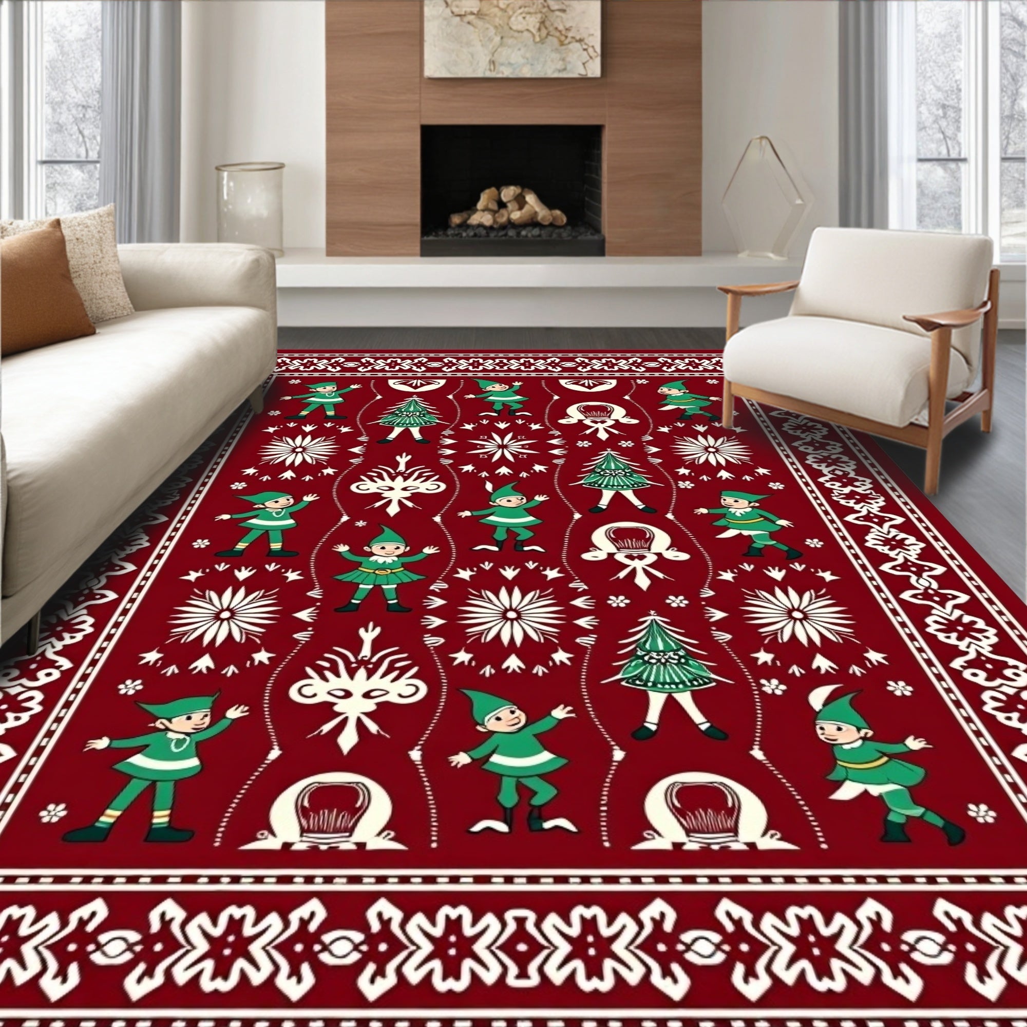 Crimson Elf Tree Holiday Celebration Rug