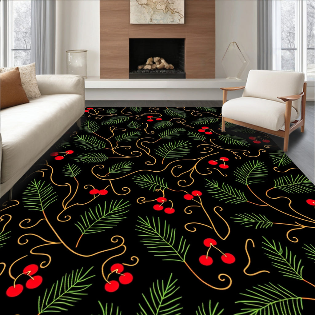 Festive Green Pine Red Berry Swirl Rug