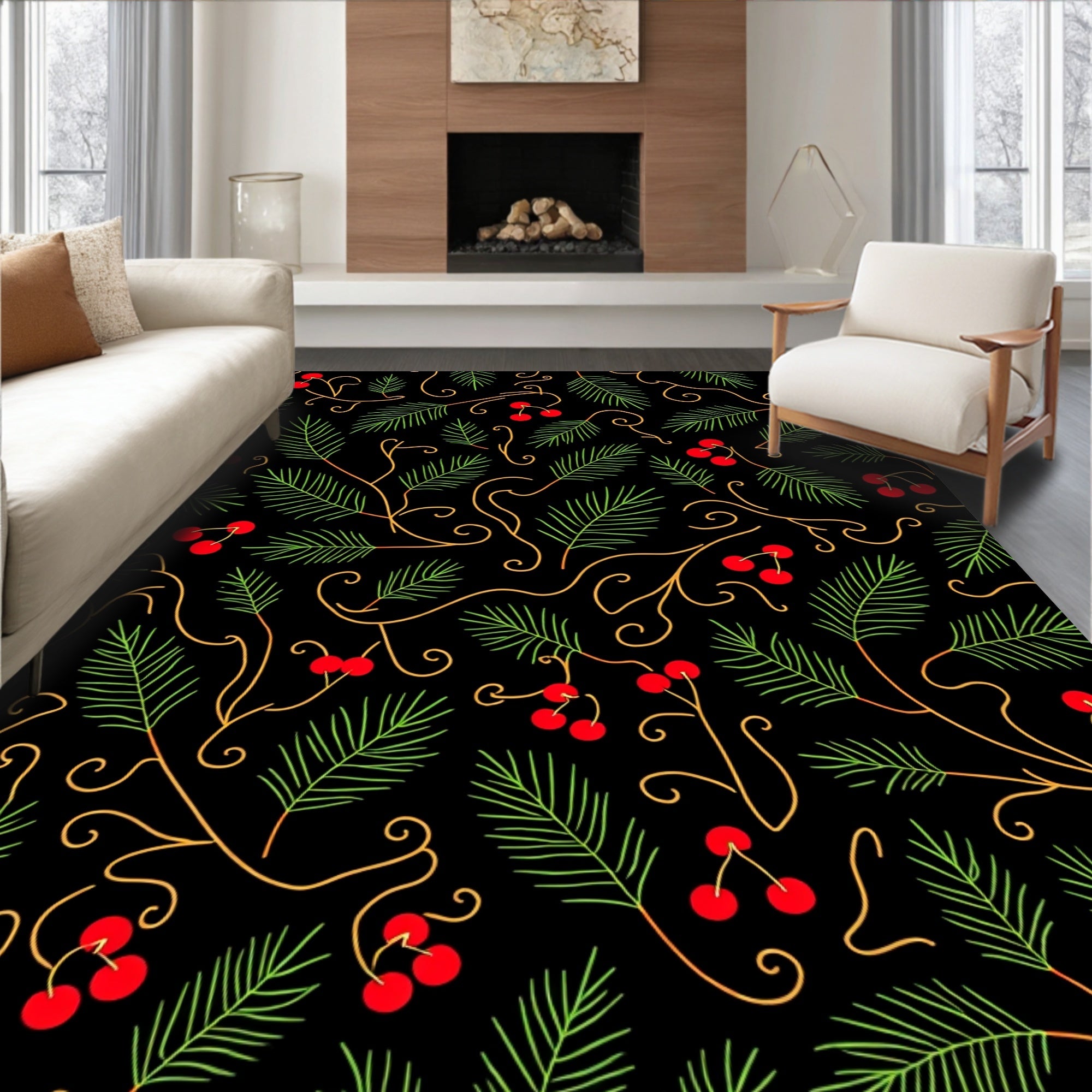 Festive Green Pine Red Berry Swirl Rug