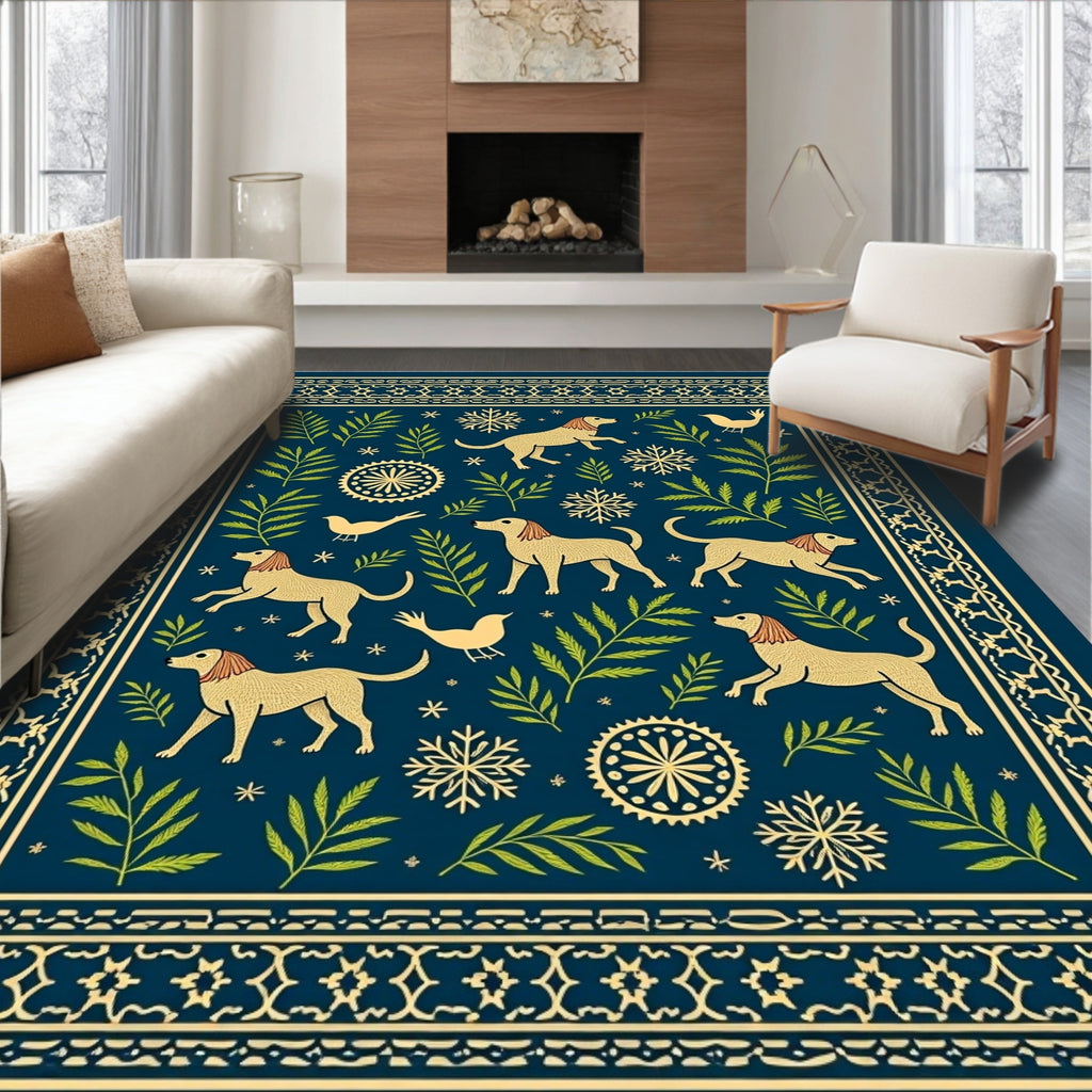 Golden Dogs Evergreen Branch Navy Rug