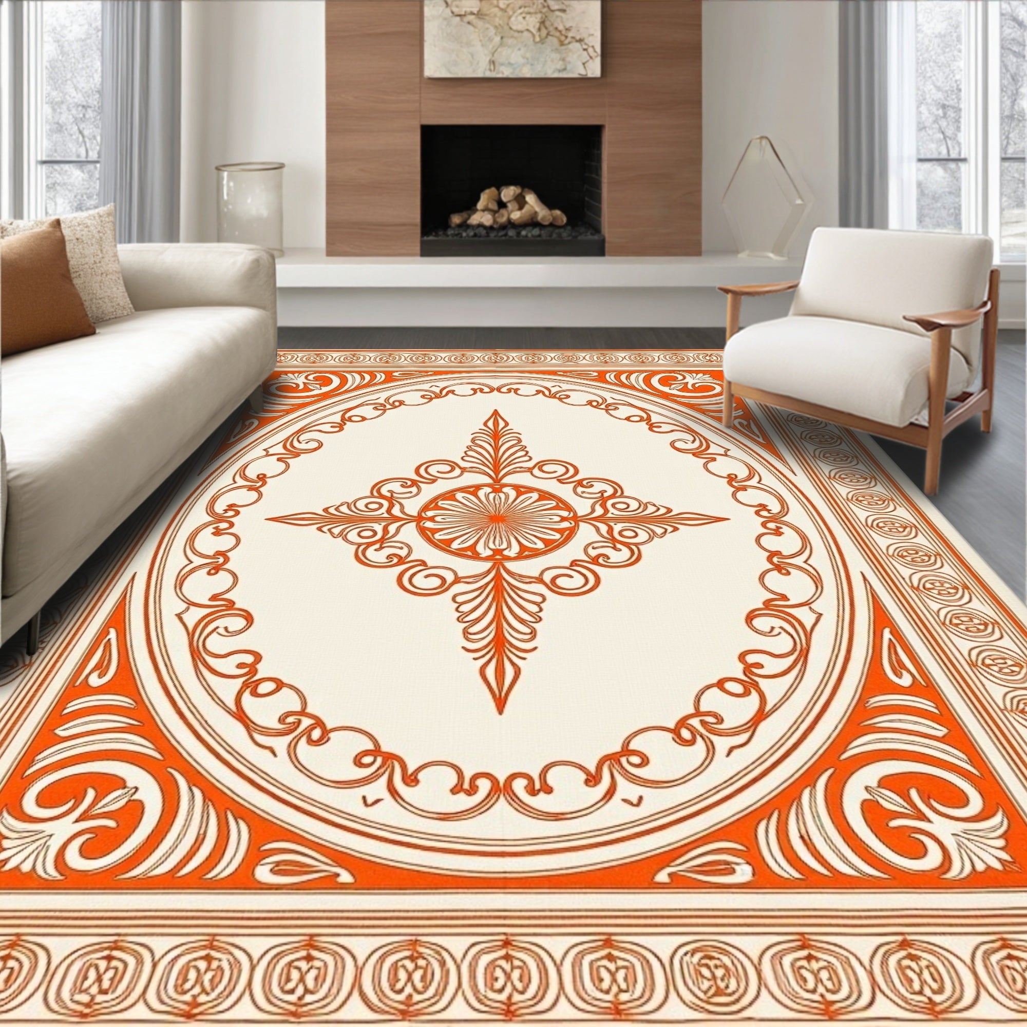 Orange Cream Medallion Frame Rug
