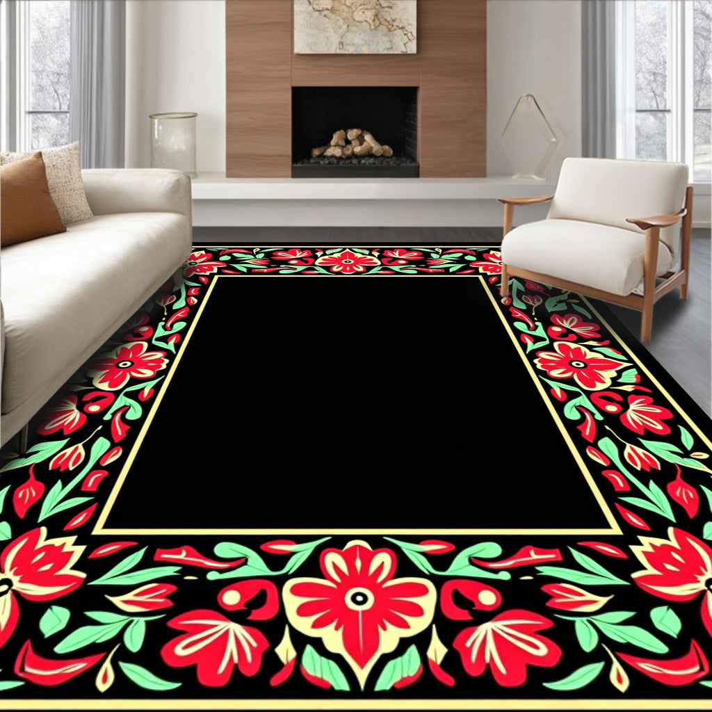 Red Floral Border with Mint Green Leaves Rug