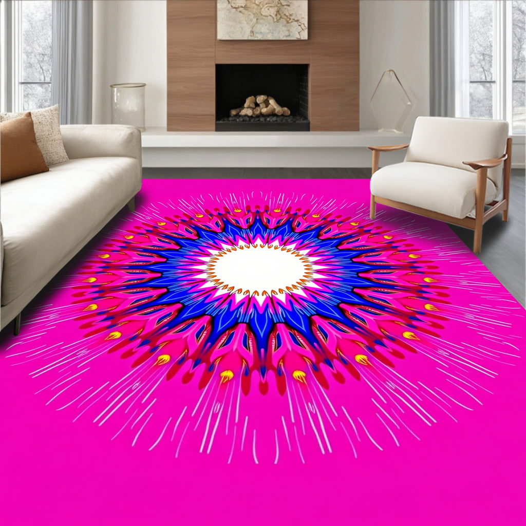 Vibrant Pink Blue Sunburst Mandala Rug
