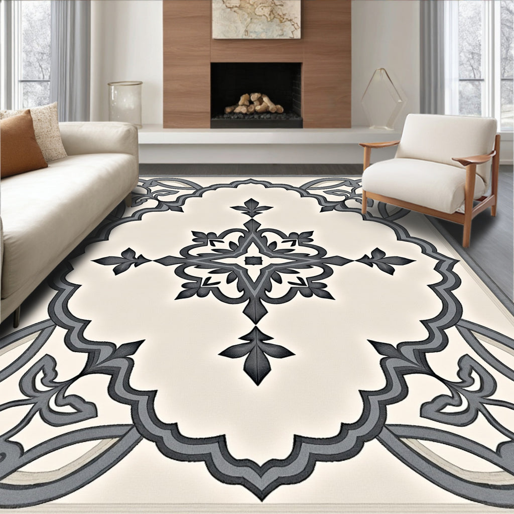 Ornate Gray Scrollwork Medallion Rug