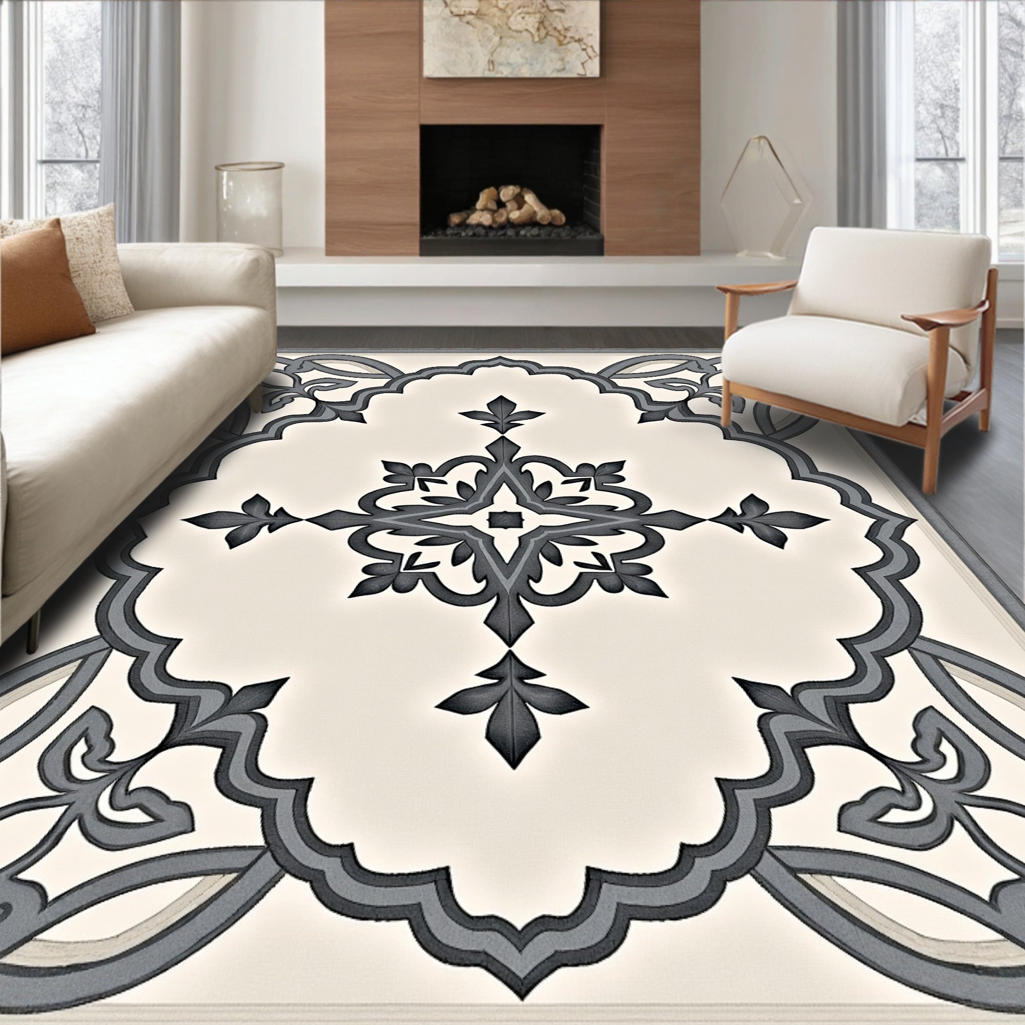 Ornate Gray Scrollwork Medallion Rug