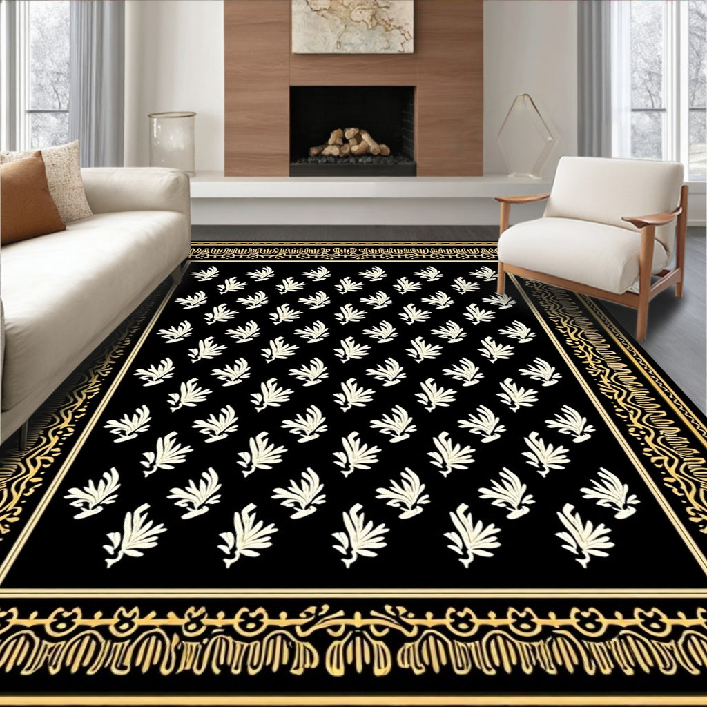 Black Cream Leafy Border Rug