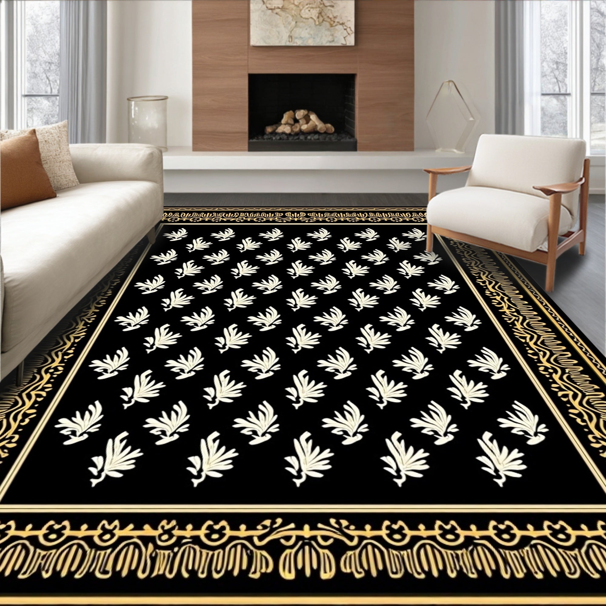Black Cream Leafy Border Rug