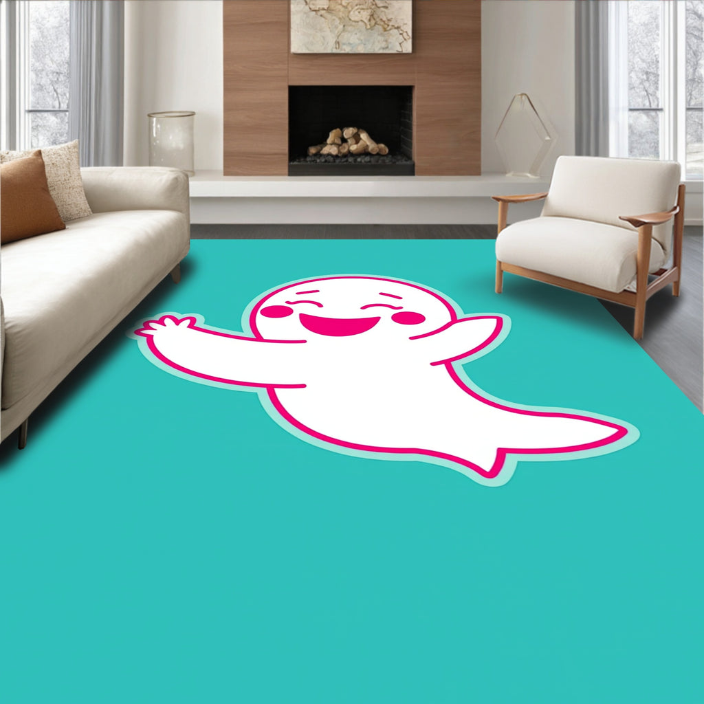 Happy White Ghost Teal Whimsical Rug