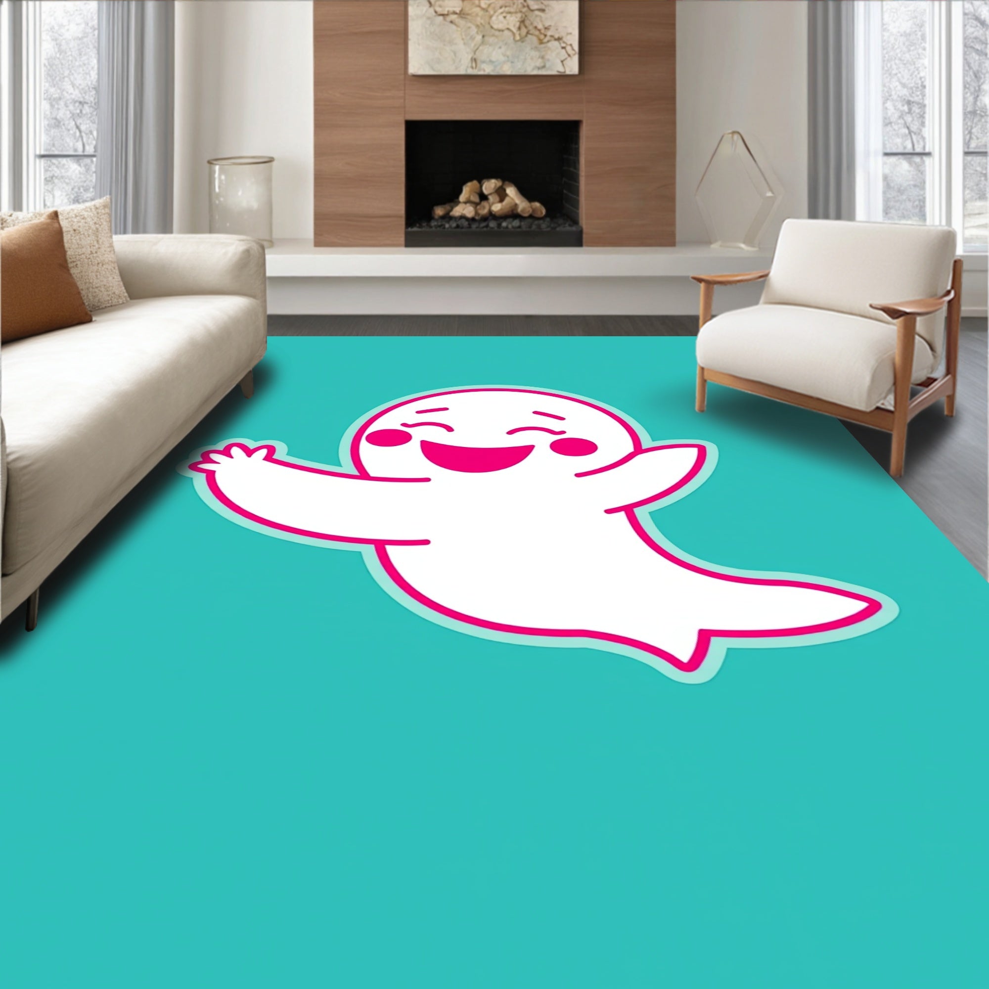 Happy White Ghost Teal Whimsical Rug