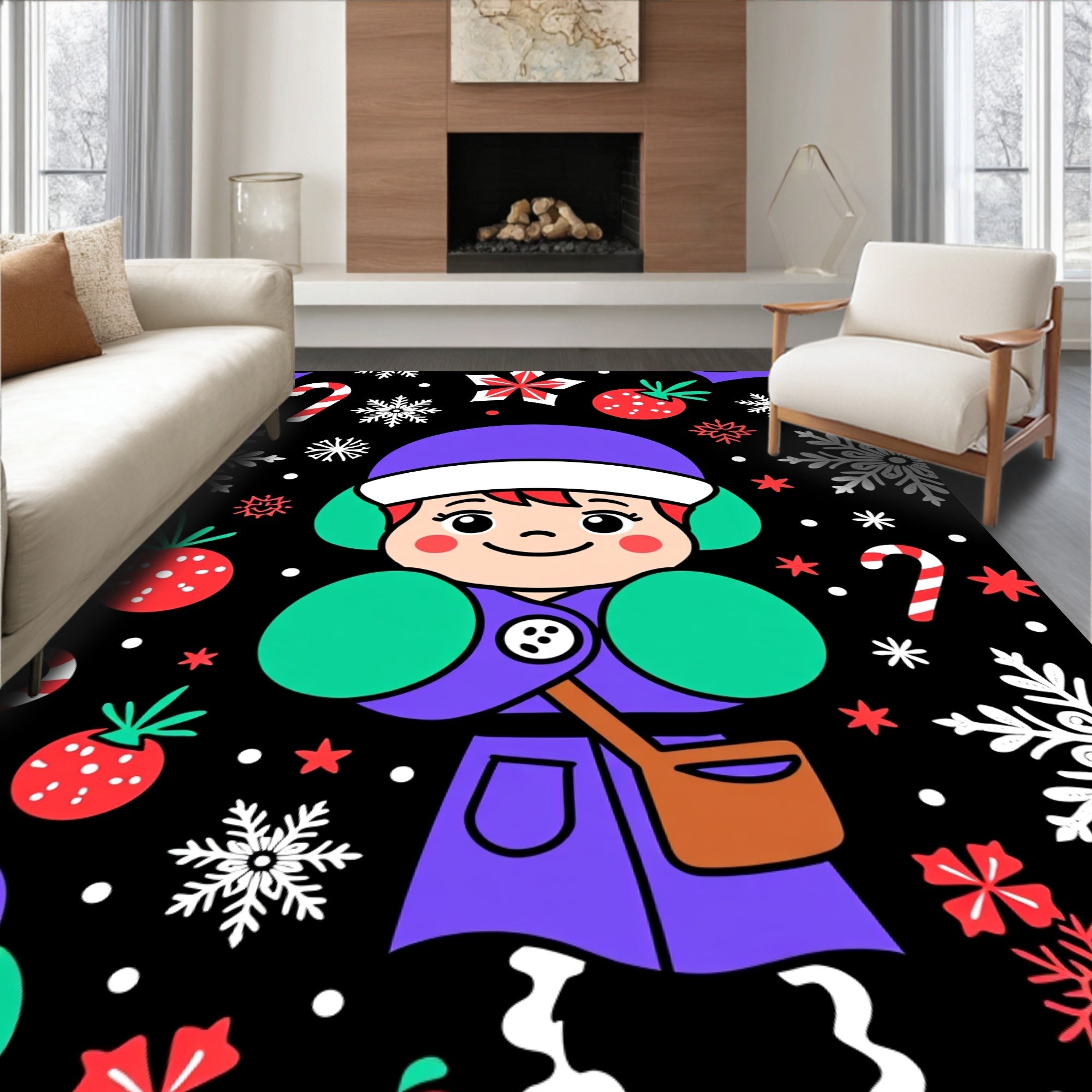 Cute Christmas Snowflakes Berry Candy Cane Rug