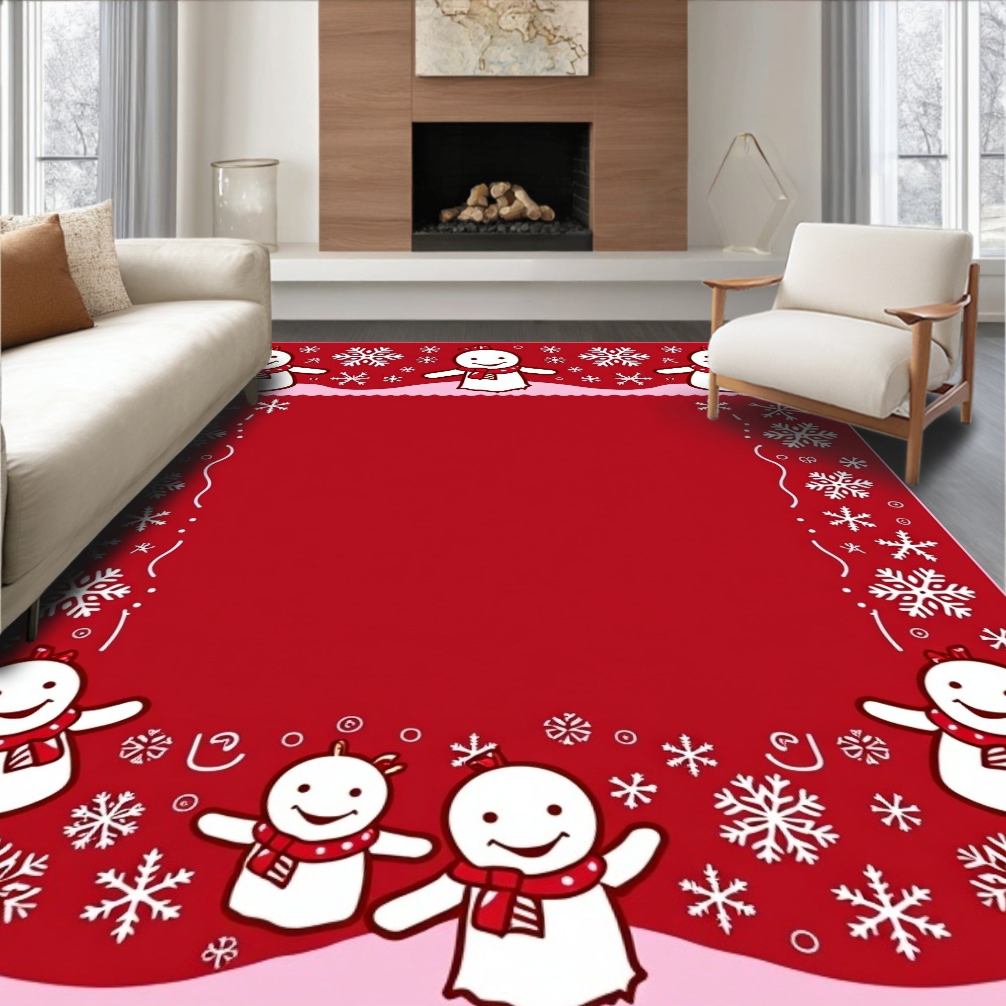 Joyful Snowman Snowflake Border Red Rug