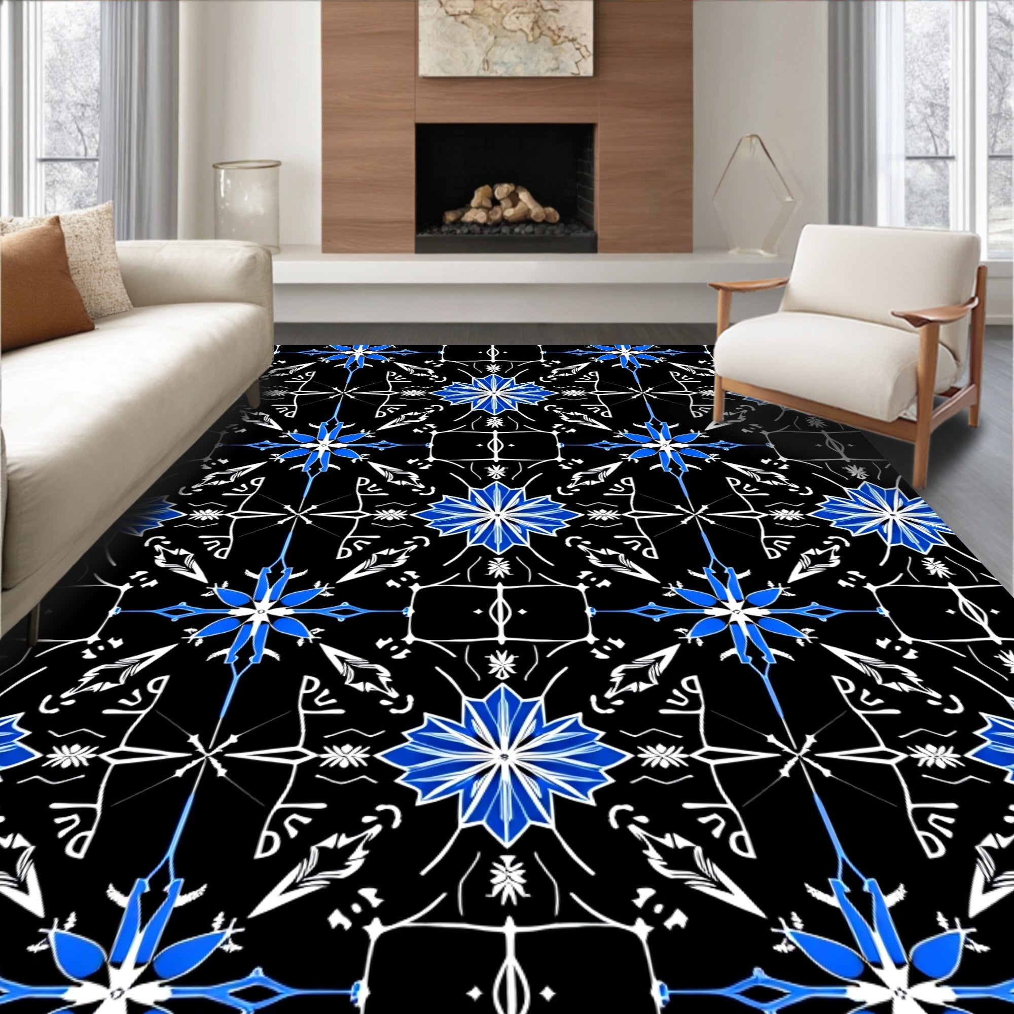 Vibrant Blue Starburst Medallion Black Rug