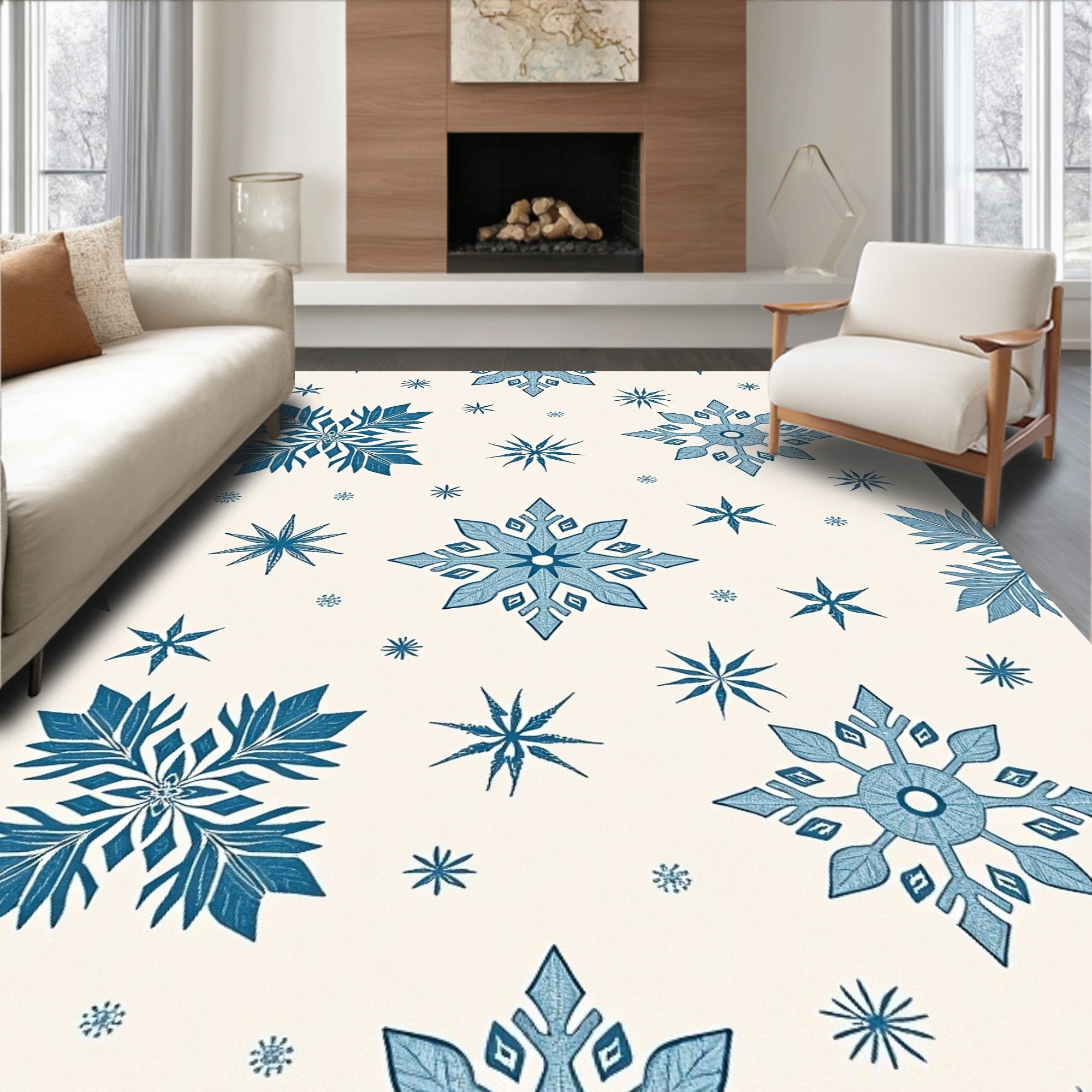 Winter Blue Snowflake Scattering Rug