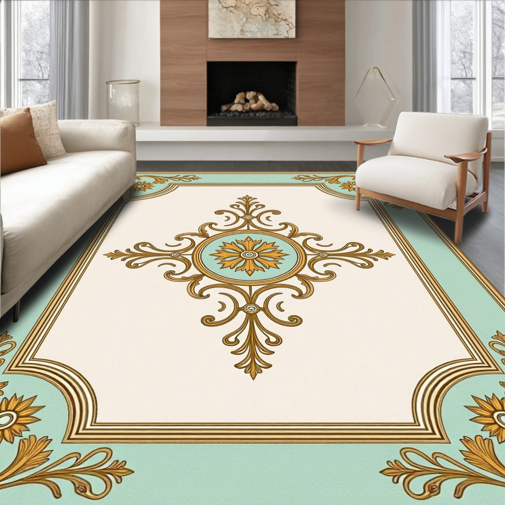 Ornate Golden Floral Mint Medallion Rug