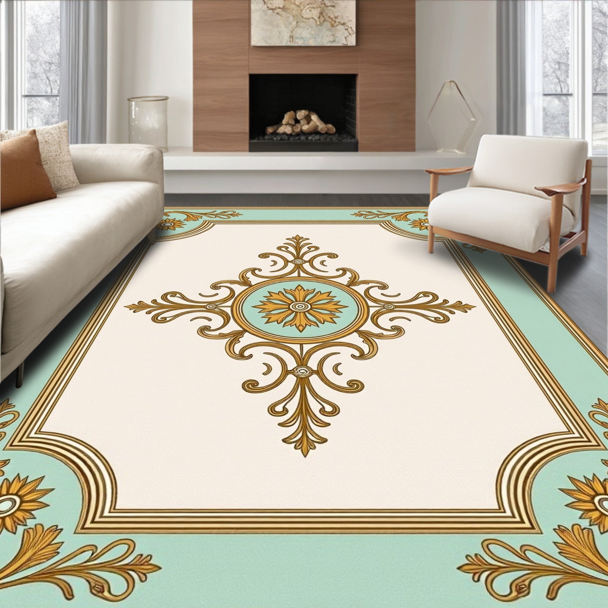Ornate Golden Floral Mint Medallion Rug