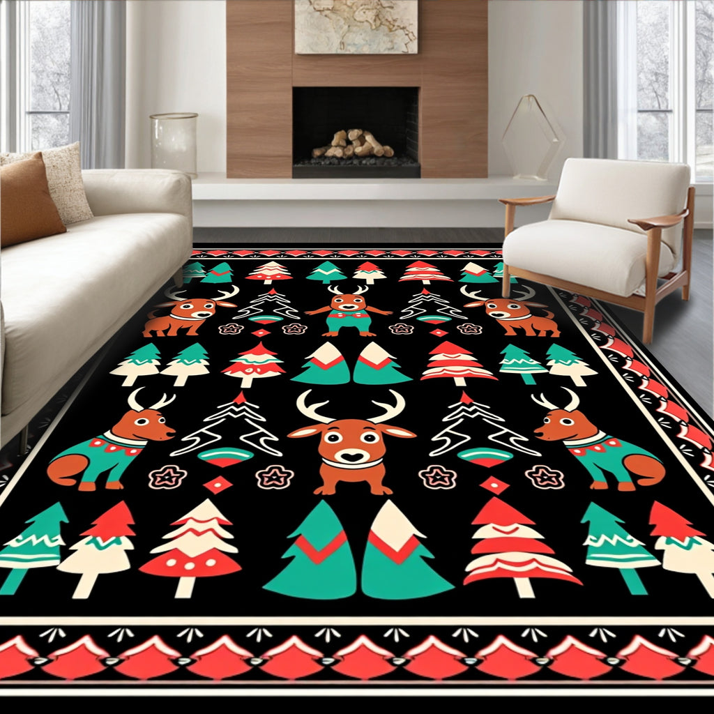 Festive Reindeer And Pine Trees Rug