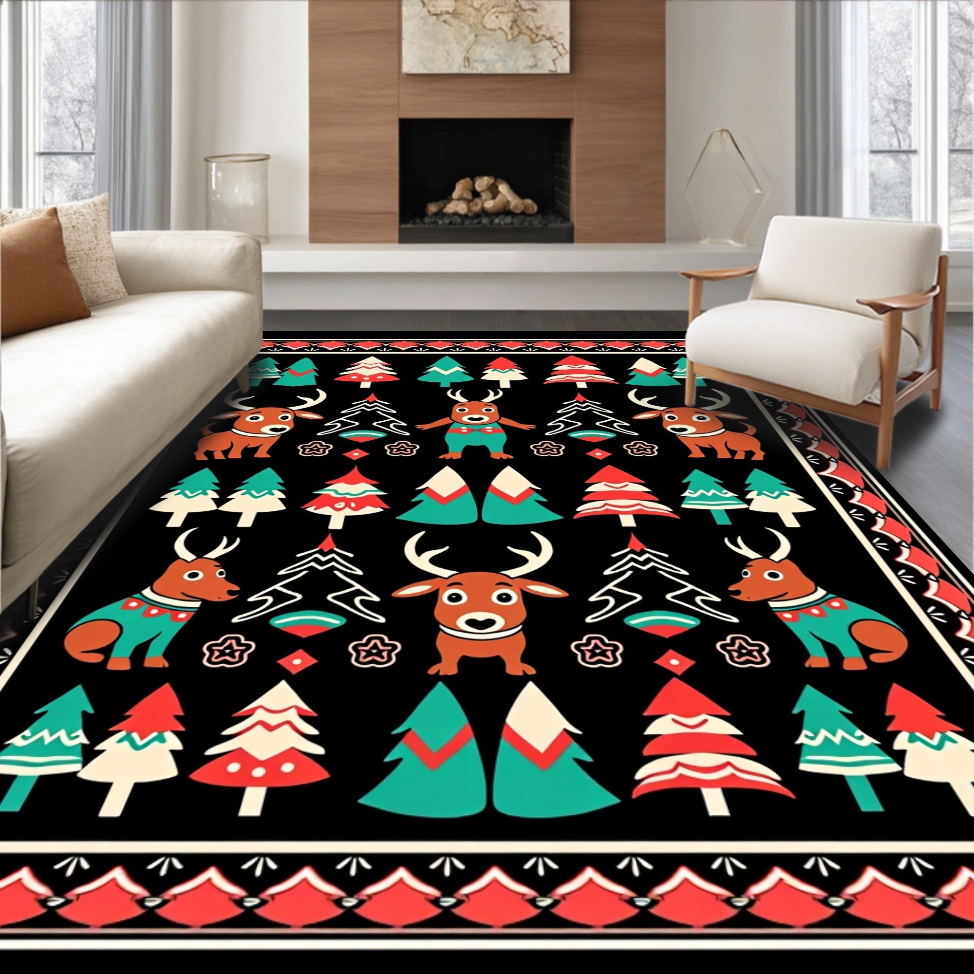Festive Reindeer And Pine Trees Rug