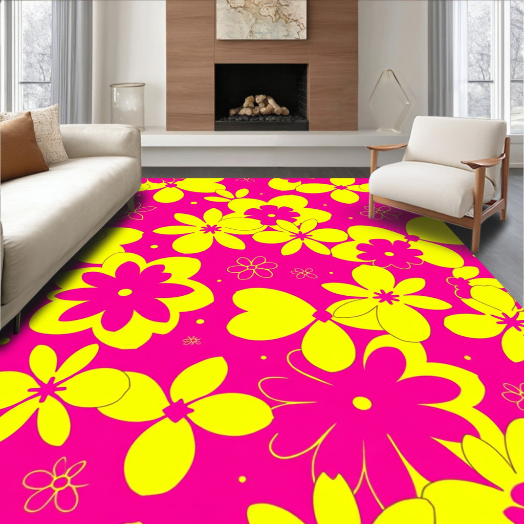 Bright Pink Yellow Floral Collage Rug