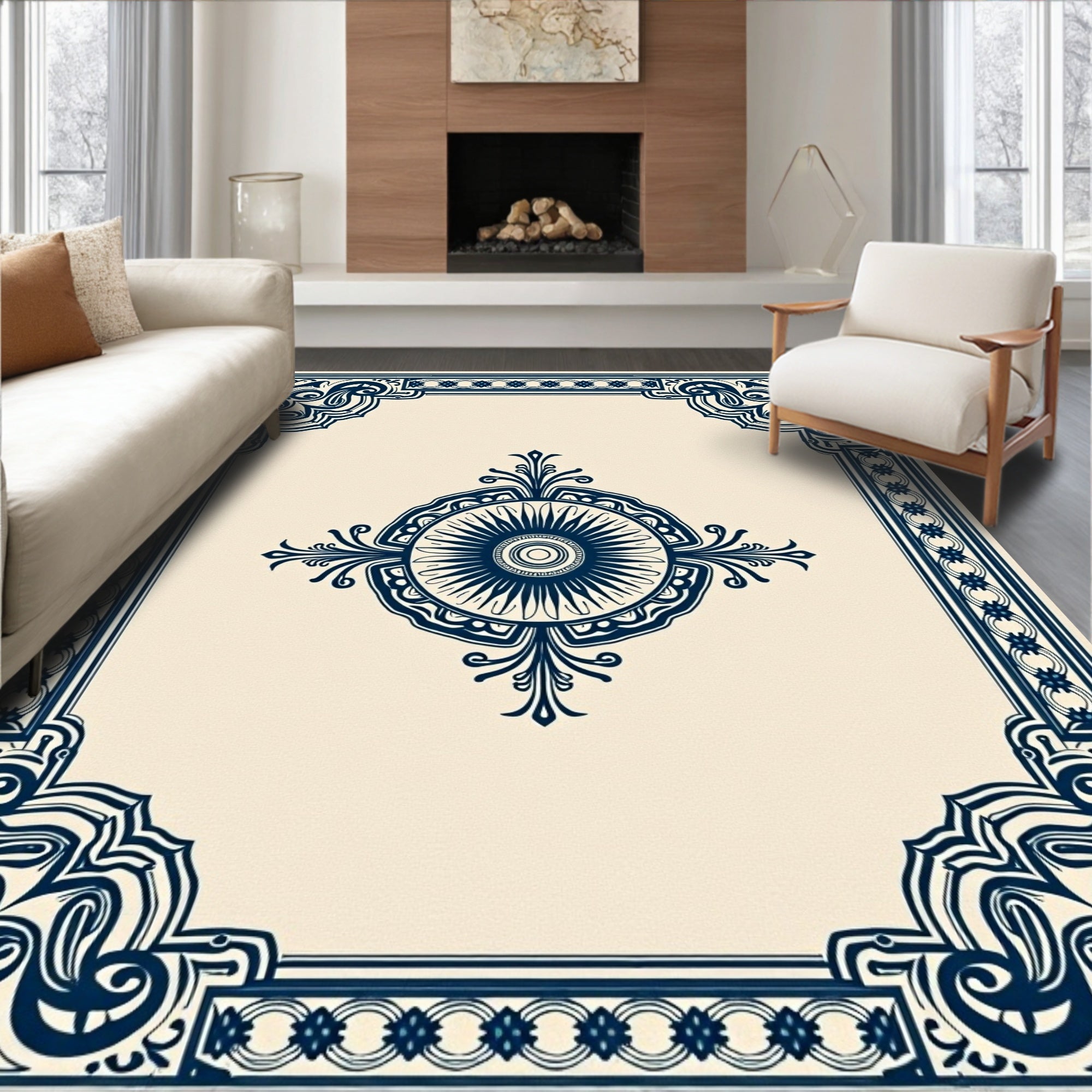 Dark Blue Intricate Floral Frame Rug