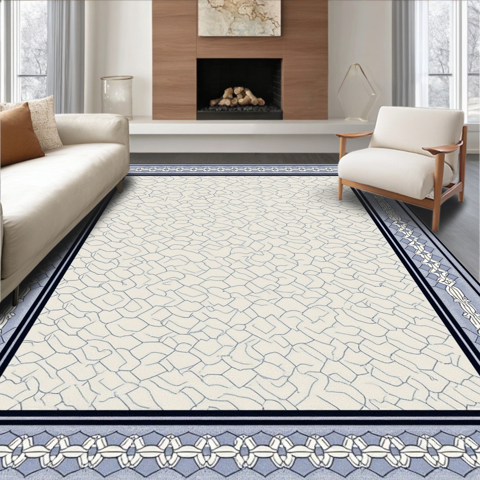 Light Blue Cracked Earth Border Rug