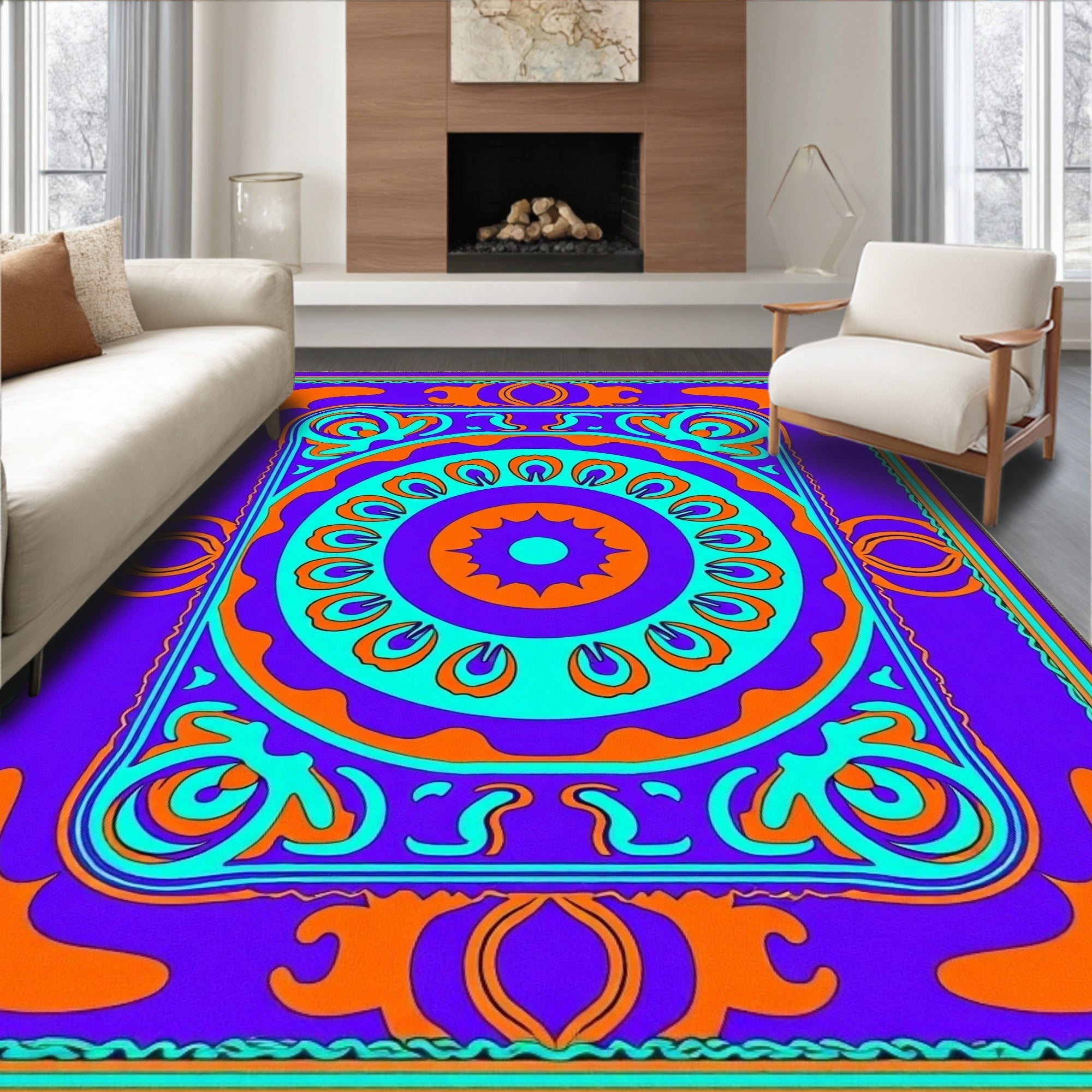 Vibrant Violet Orange Teal Medallion Rug
