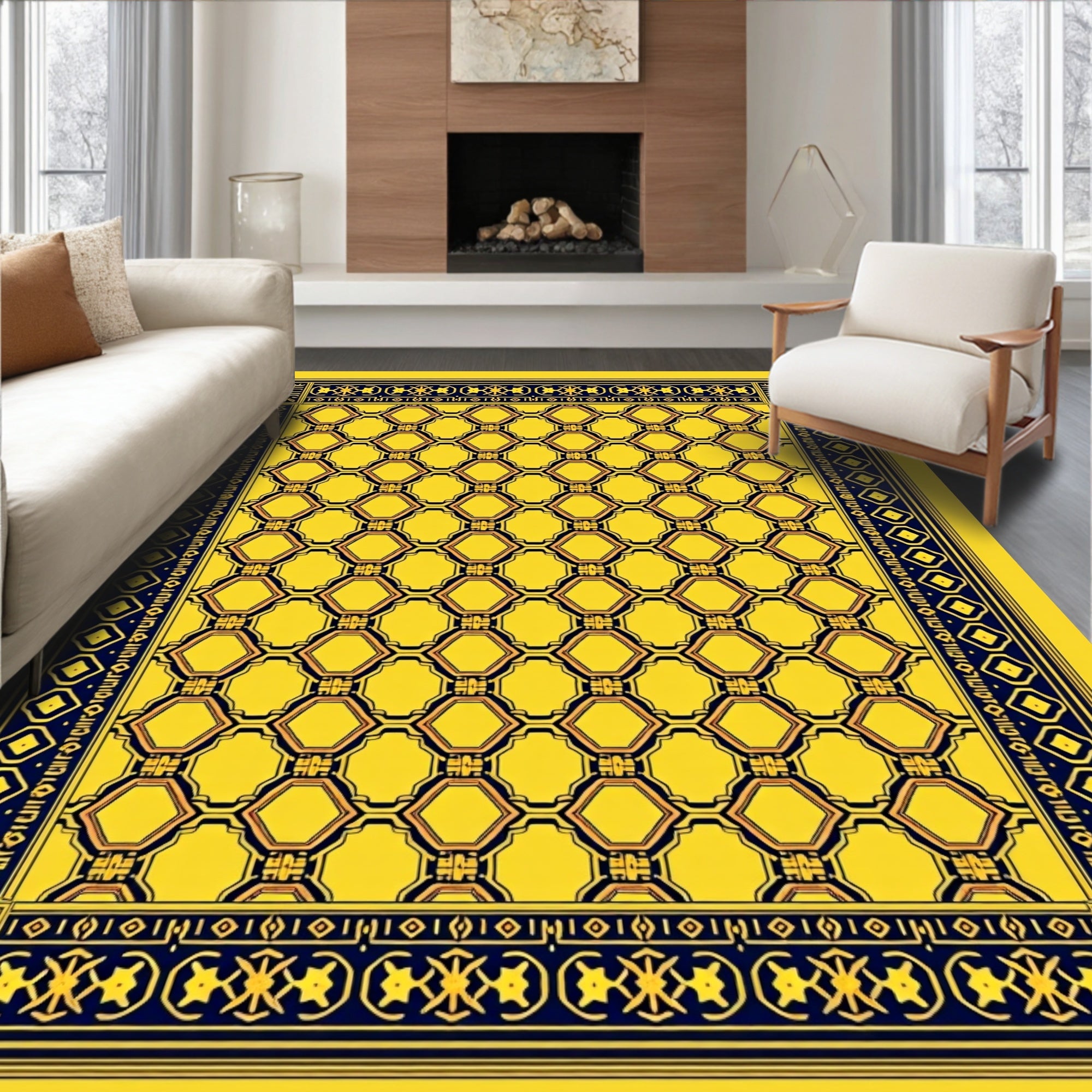 Golden Yellow Hexagonal Lattice Border Rug