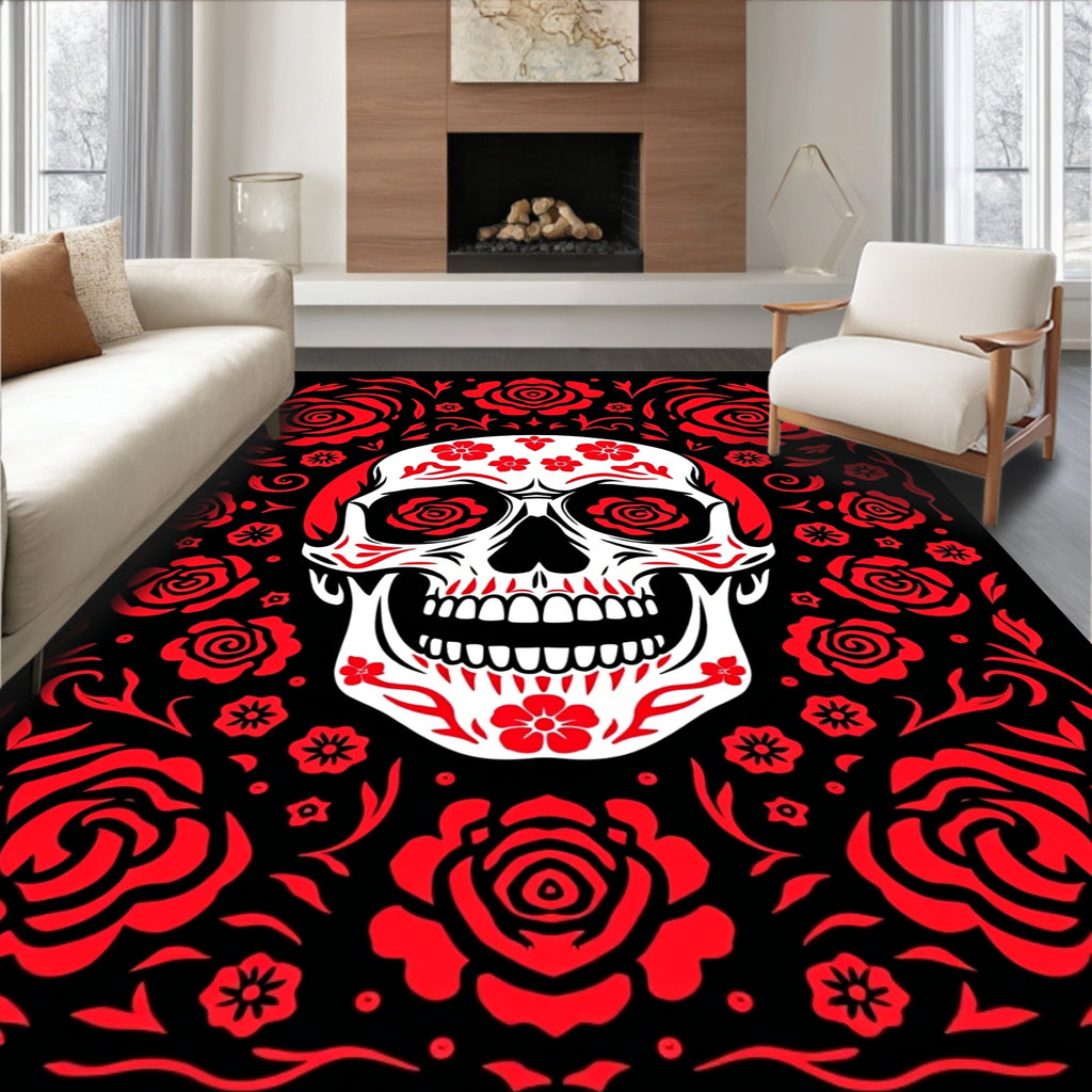 Red Skull With Roses And Floral Swirls Rug
