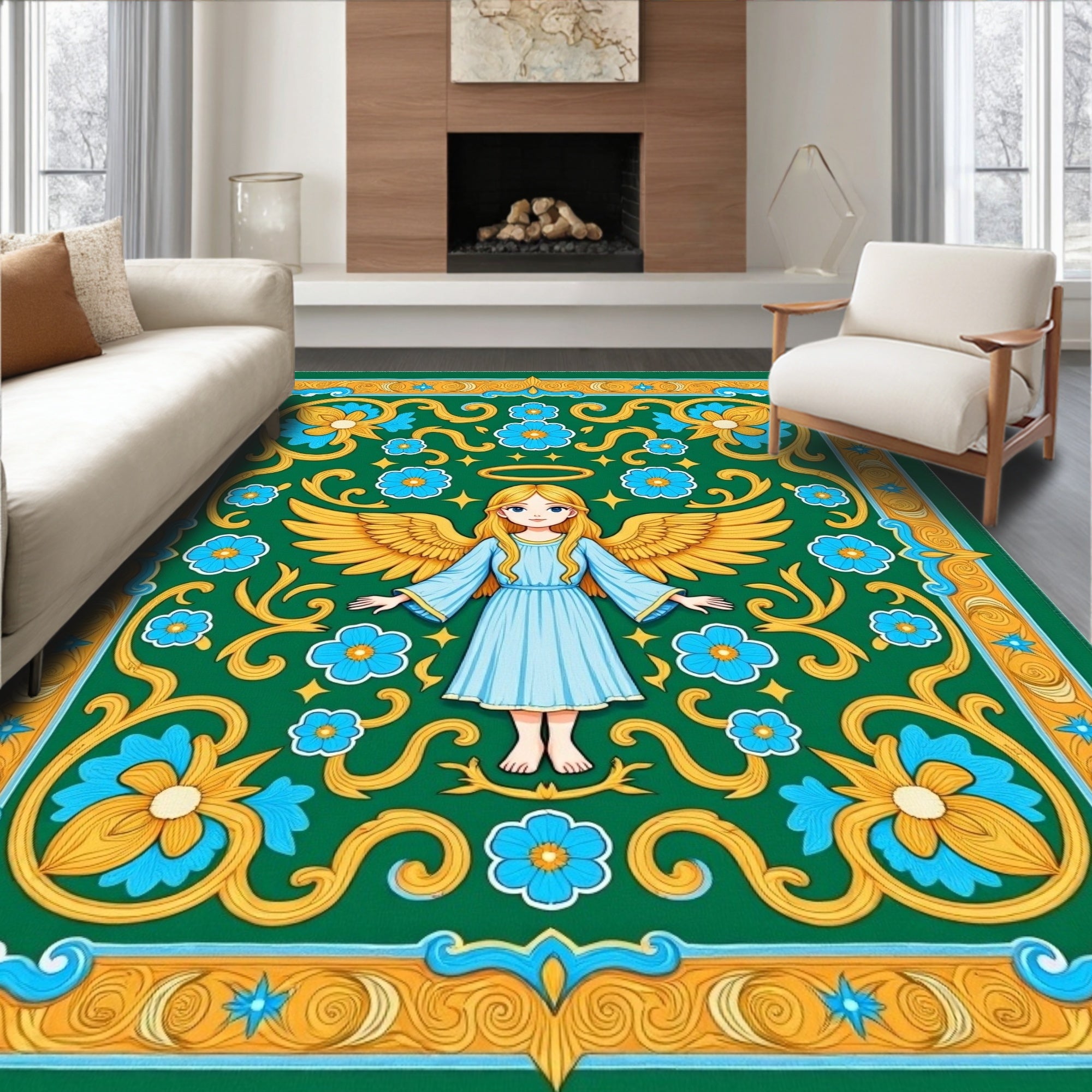 Golden Winged Angel Blue Floral Border Rug