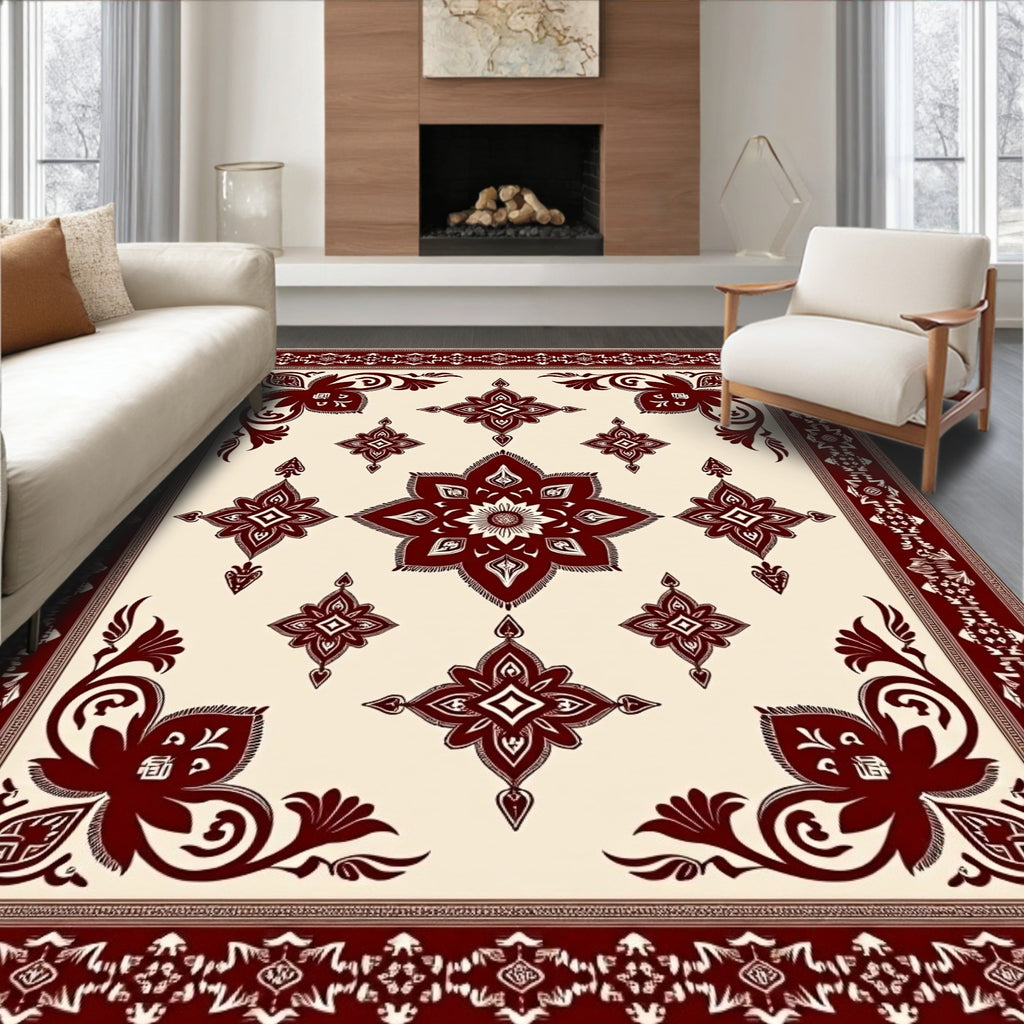 Rich Crimson Geometric Bloom Border Rug