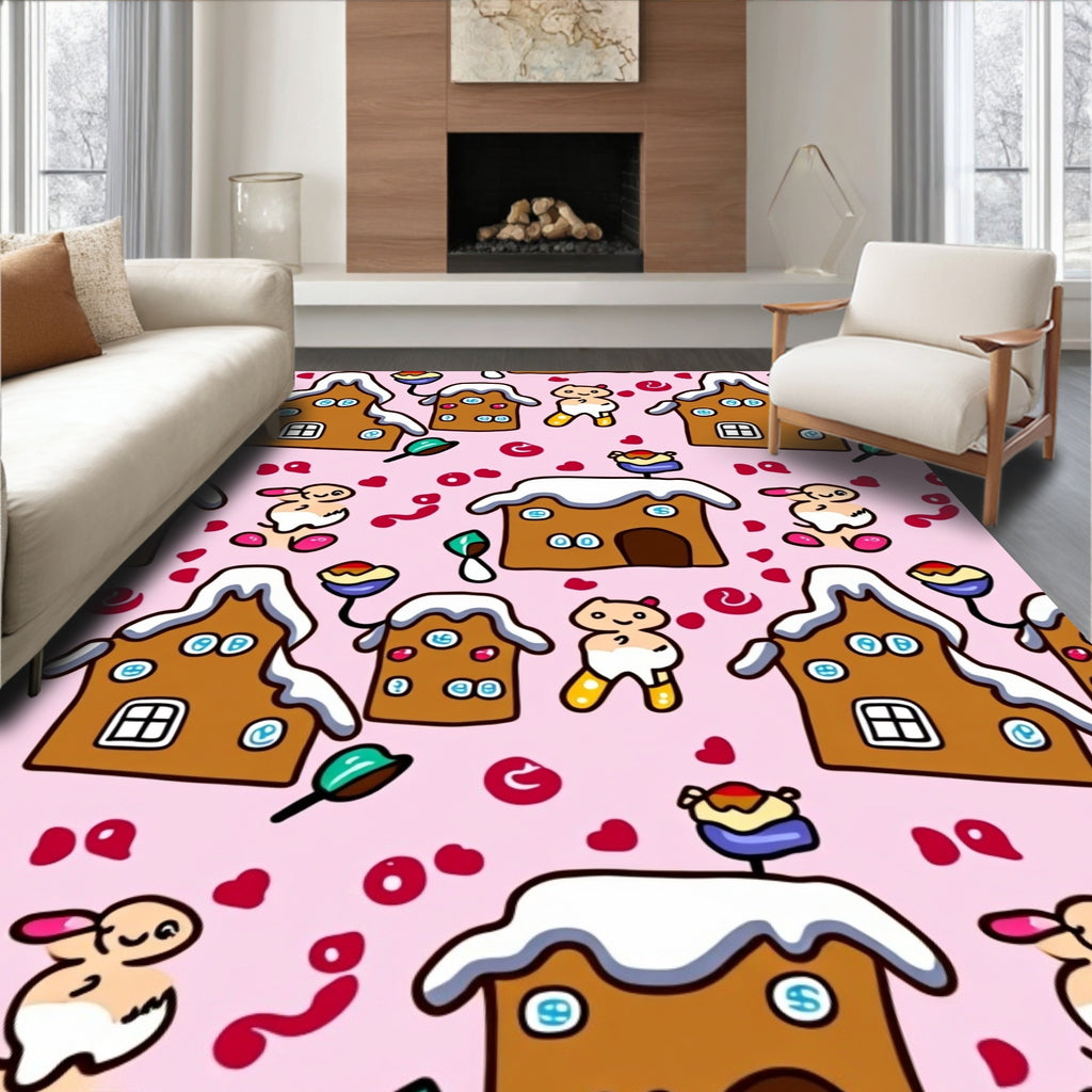 Whimsical Gingerbread Houses and Bunnies Rug