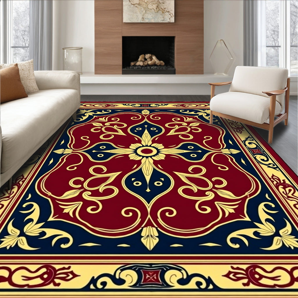 Crimson Navy Gold Floral Medallion Rug