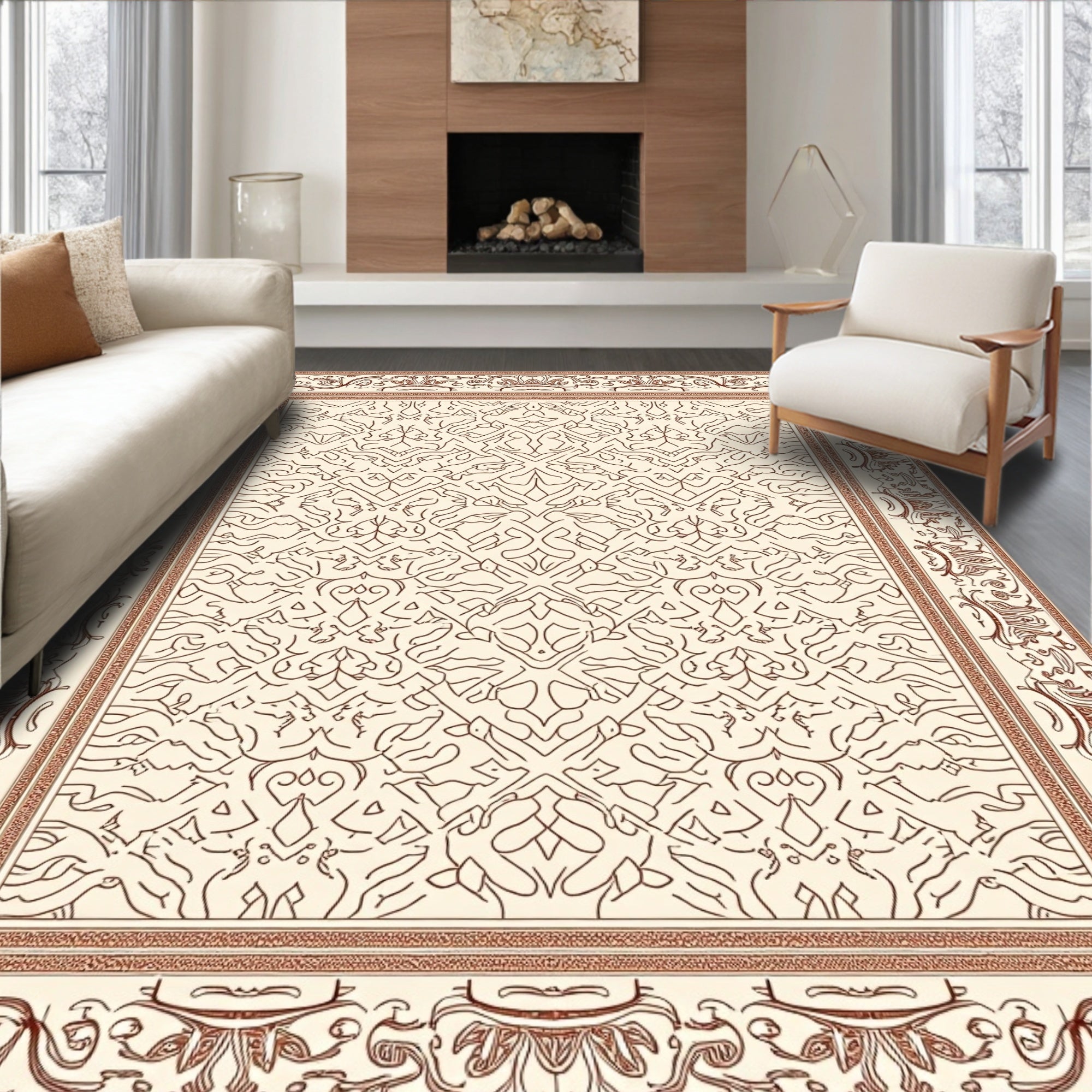 Ornate Beige And Rust Scrollwork Rug