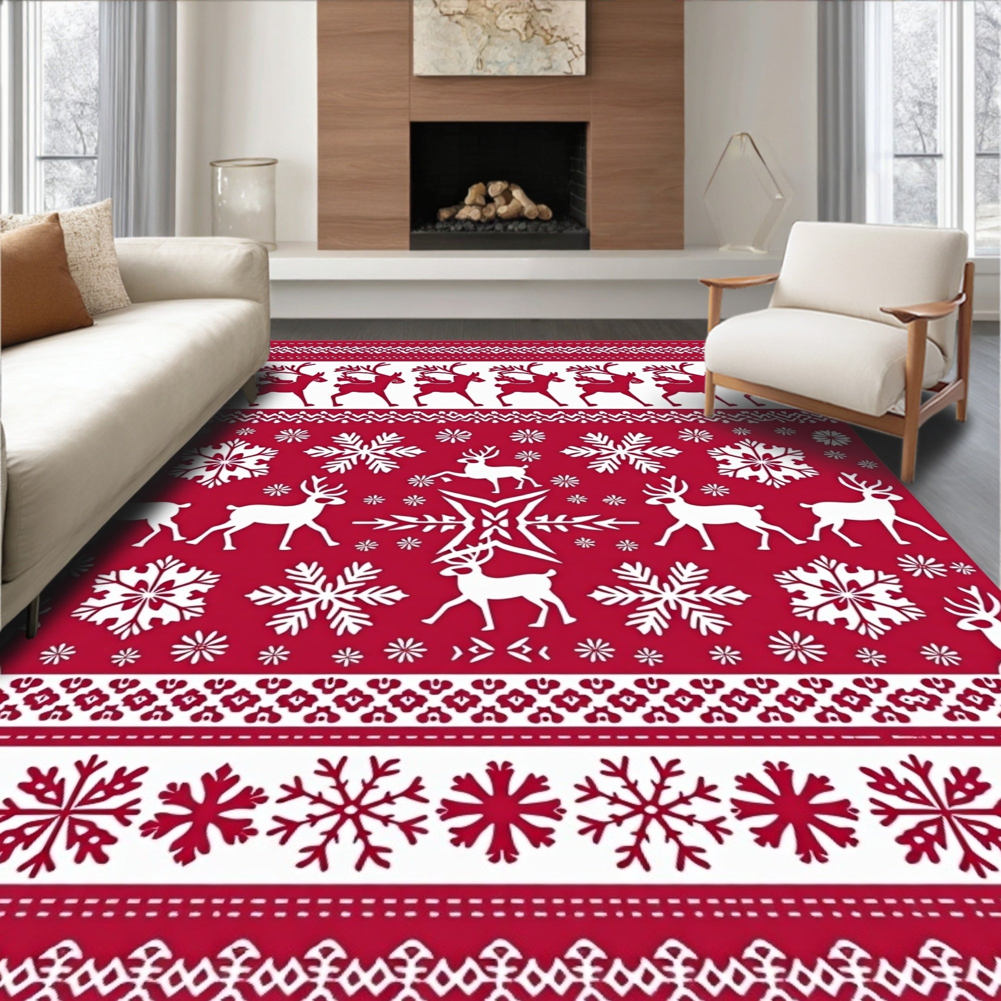 Red White Reindeer Snowflake Nordic Hug Rug