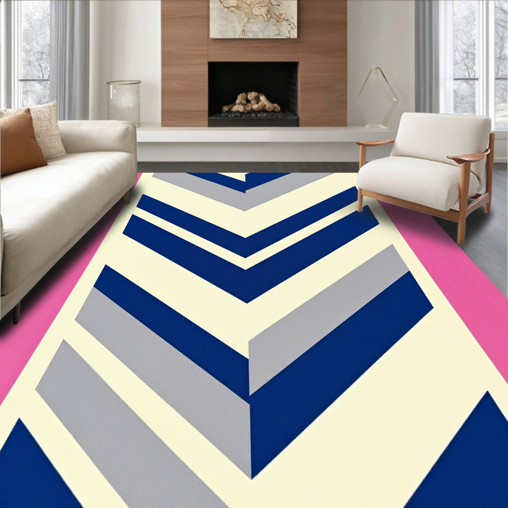 Pink Ivory Blue Chevron Geometric Rug