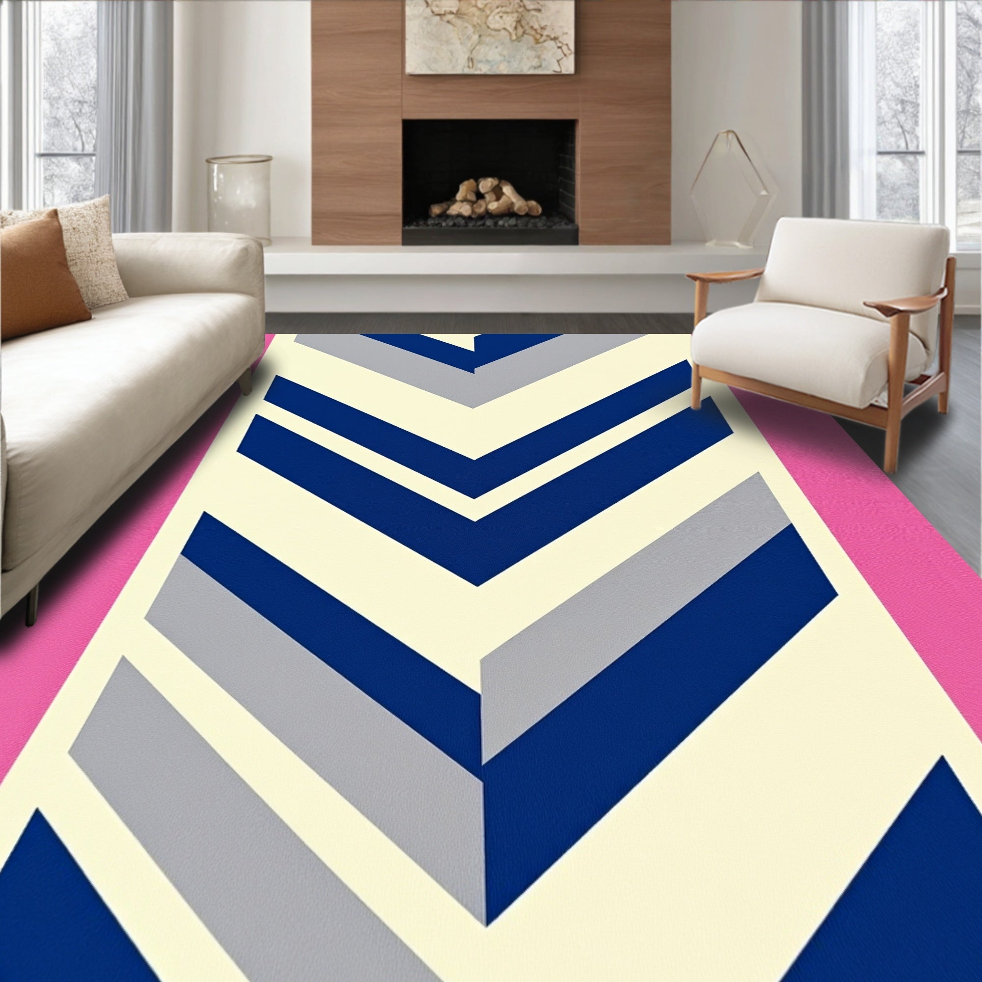 Pink Ivory Blue Chevron Geometric Rug