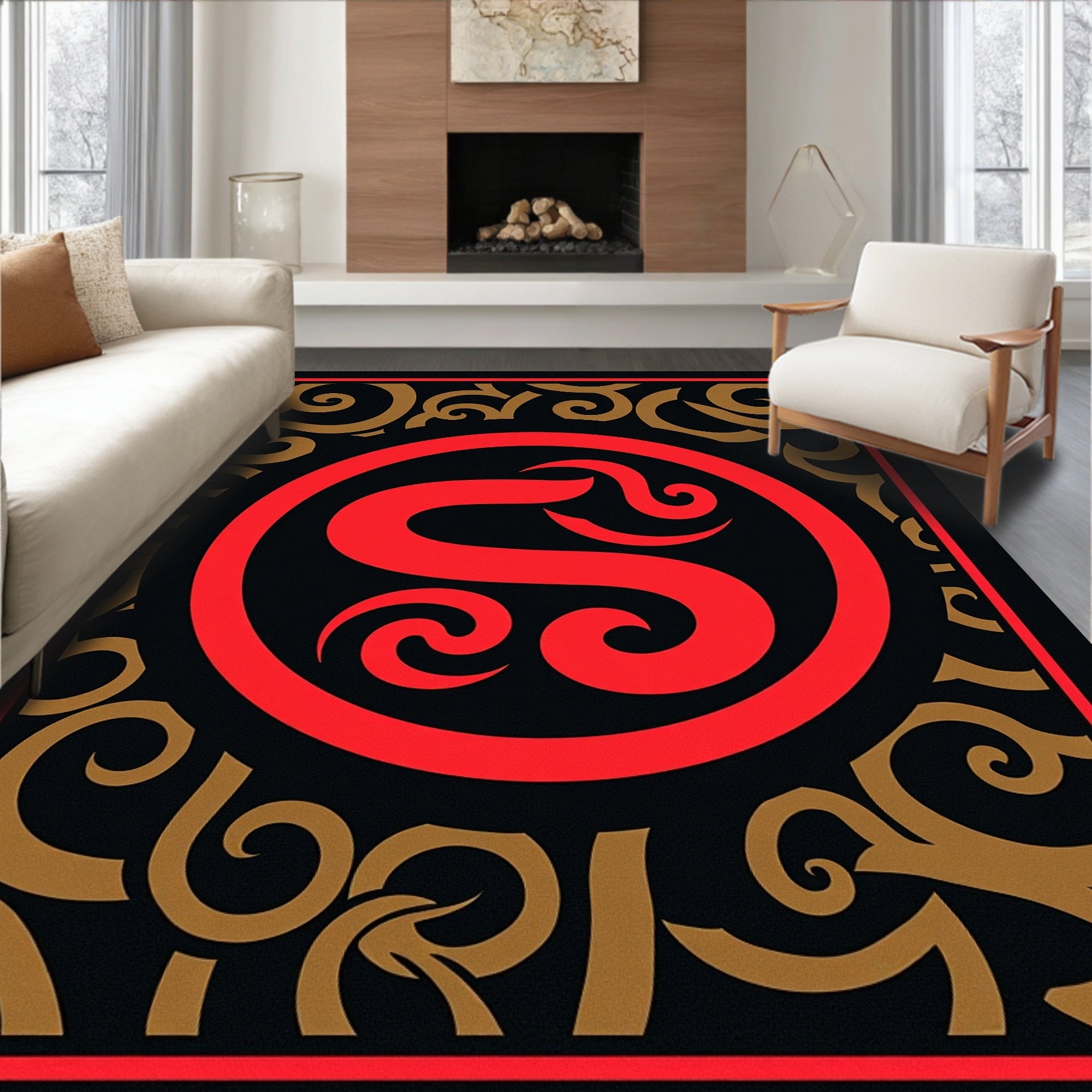 Bold Red Central Swirl Gold Border Rug