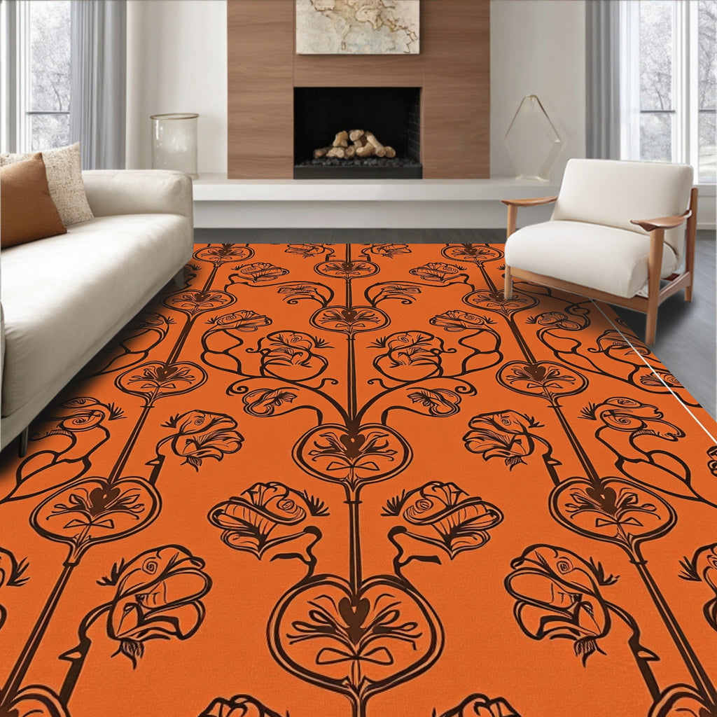 Orange Floral Art Nouveau Silhouette Rug